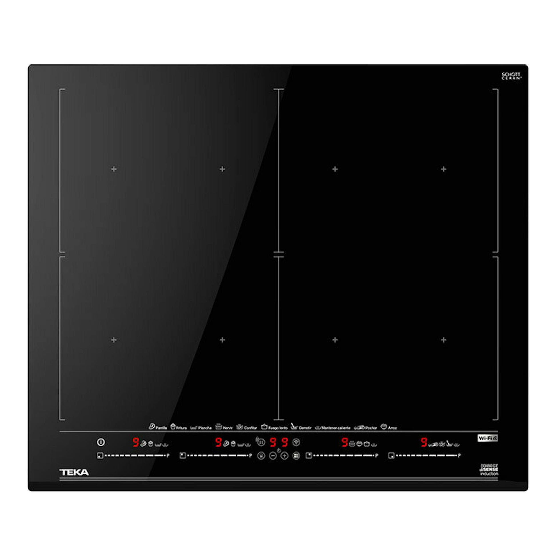 Placa de inducción Teka IZF68780MST BK negra, vista frontal, con cuatro zonas y panel táctil.