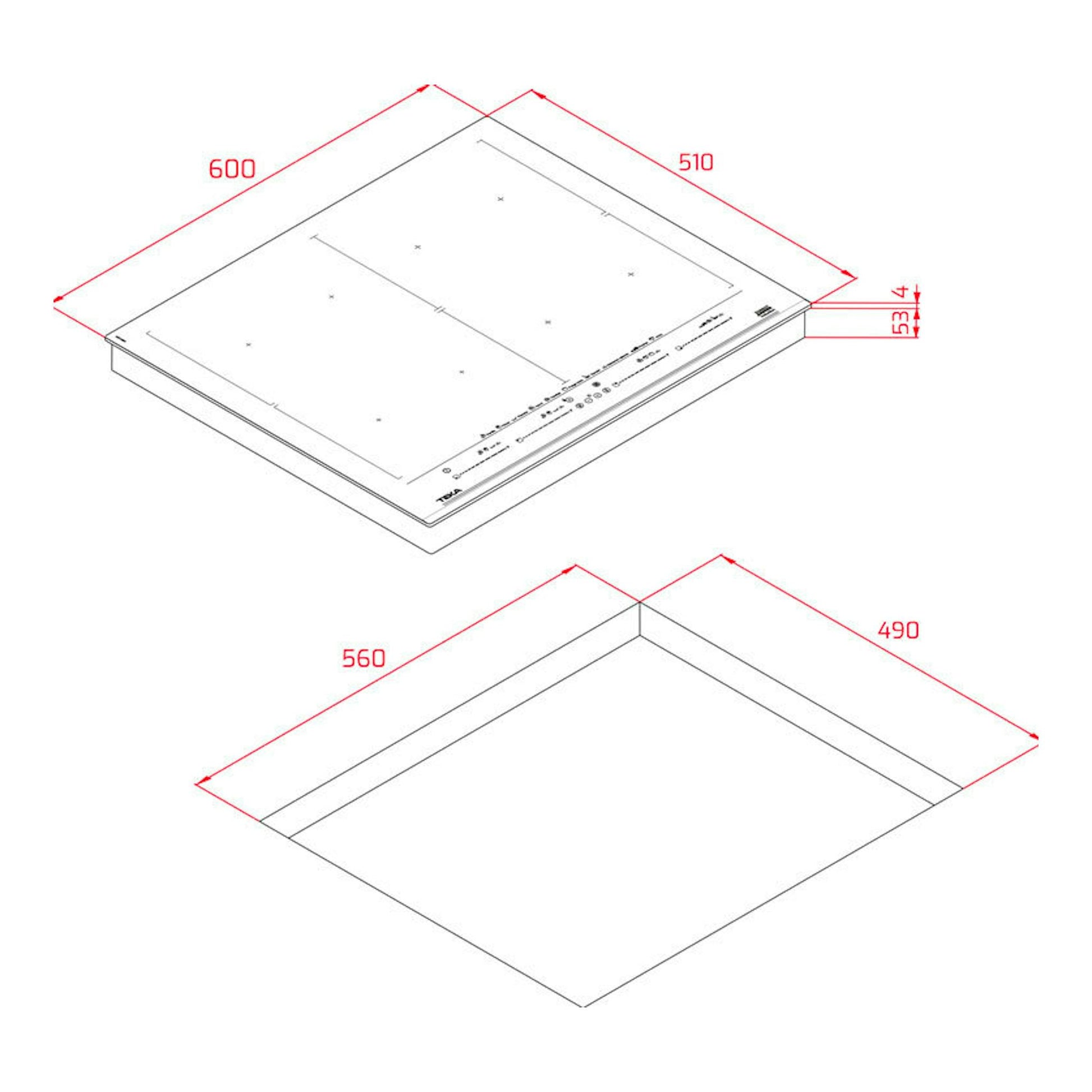 Placa de inducción Teka IZF68780MST BK, vista isométrica en blanco y negro con medidas 600 x 510 mm.