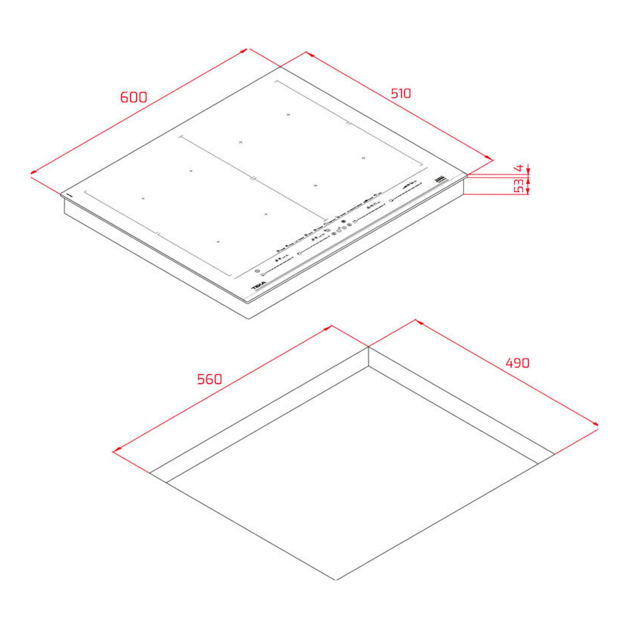 Placa de inducción Teka IZF68780MST BK, vista isométrica en blanco y negro con medidas 600 x 510 mm.