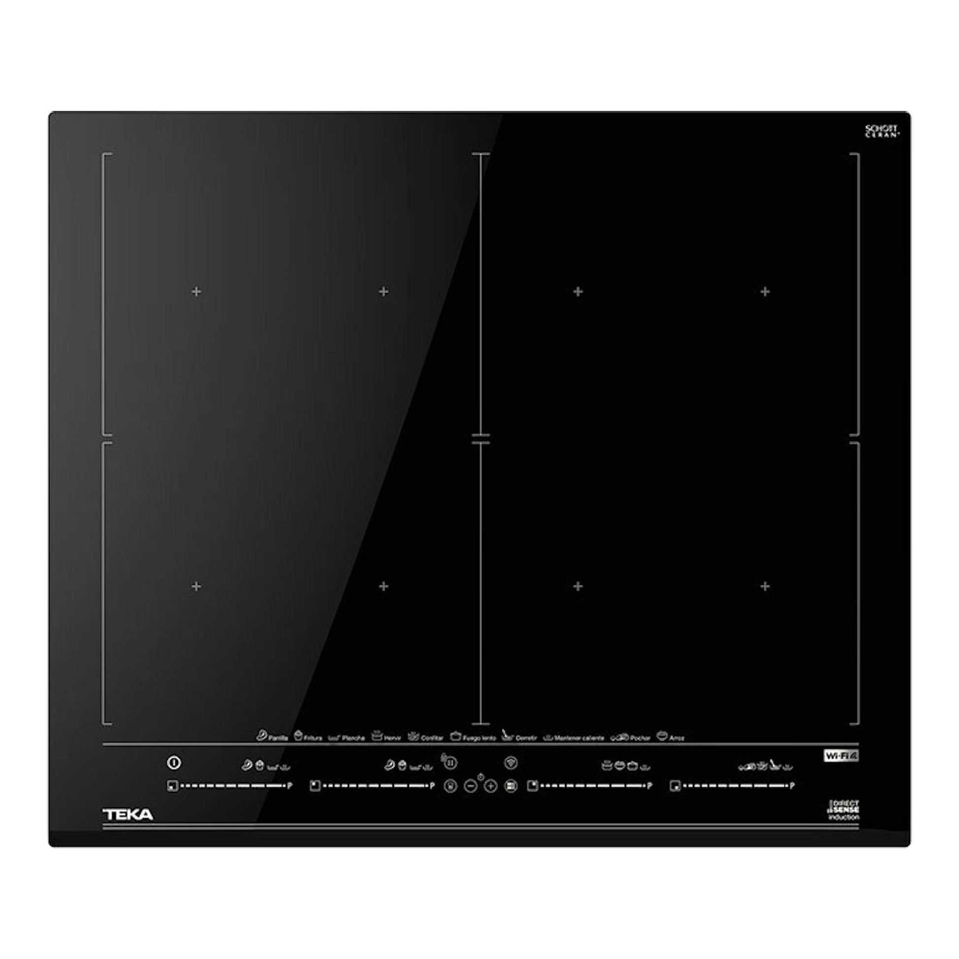 Placa de inducción Teka IZF68780MST BK negra, vista frontal, con cuatro zonas de cocción.