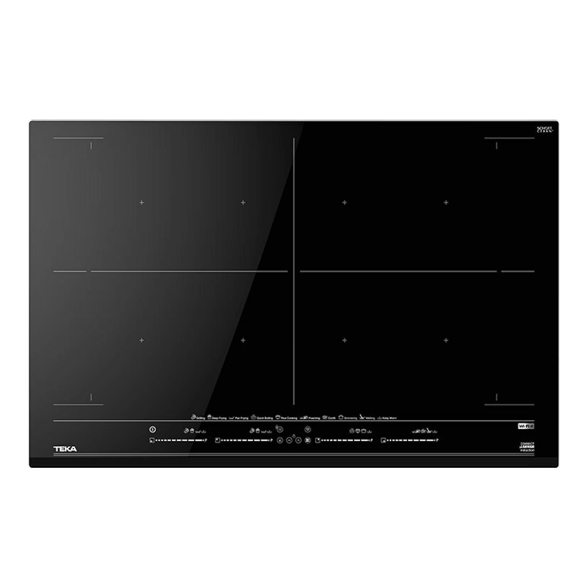 Placa de inducción Teka IZF88770MST BK de 80 cm, negra, vista cenital, con cuatro zonas.