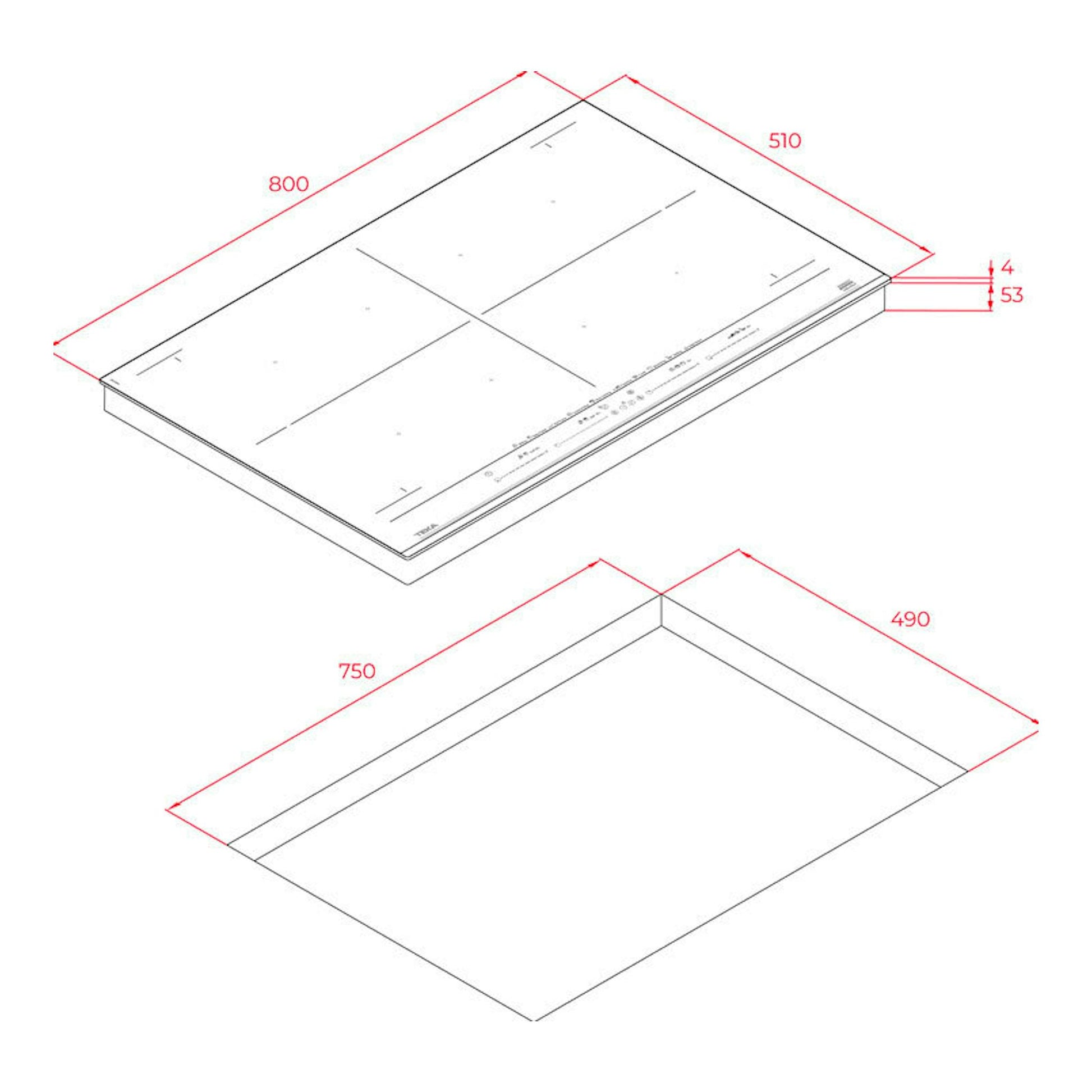 Teka IZF88770MST BK, dibujo técnico isométrico de placa de inducción en blanco, con medidas 800x510 y hueco 750x490.