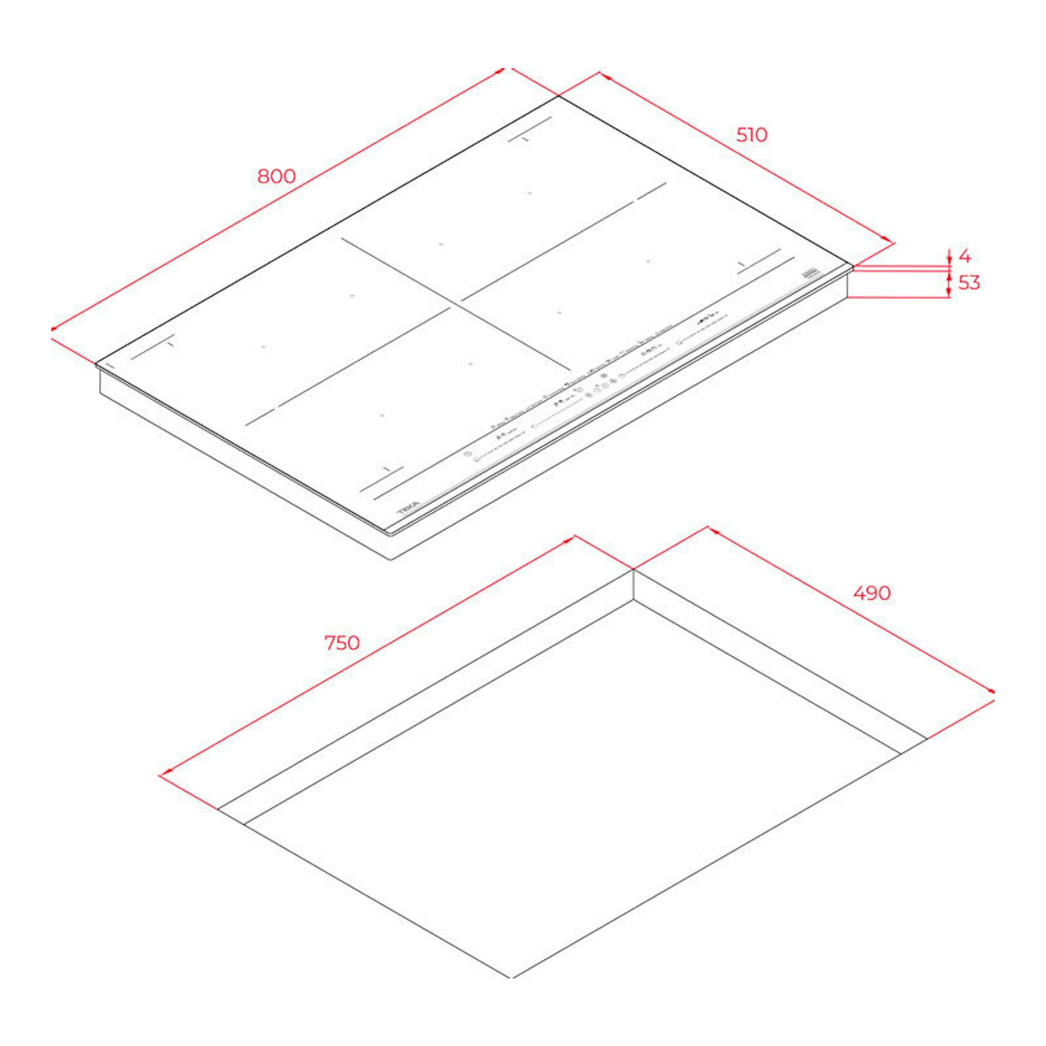 Teka IZF88770MST BK, dibujo técnico isométrico de placa de inducción en blanco, con medidas 800x510 y hueco 750x490.