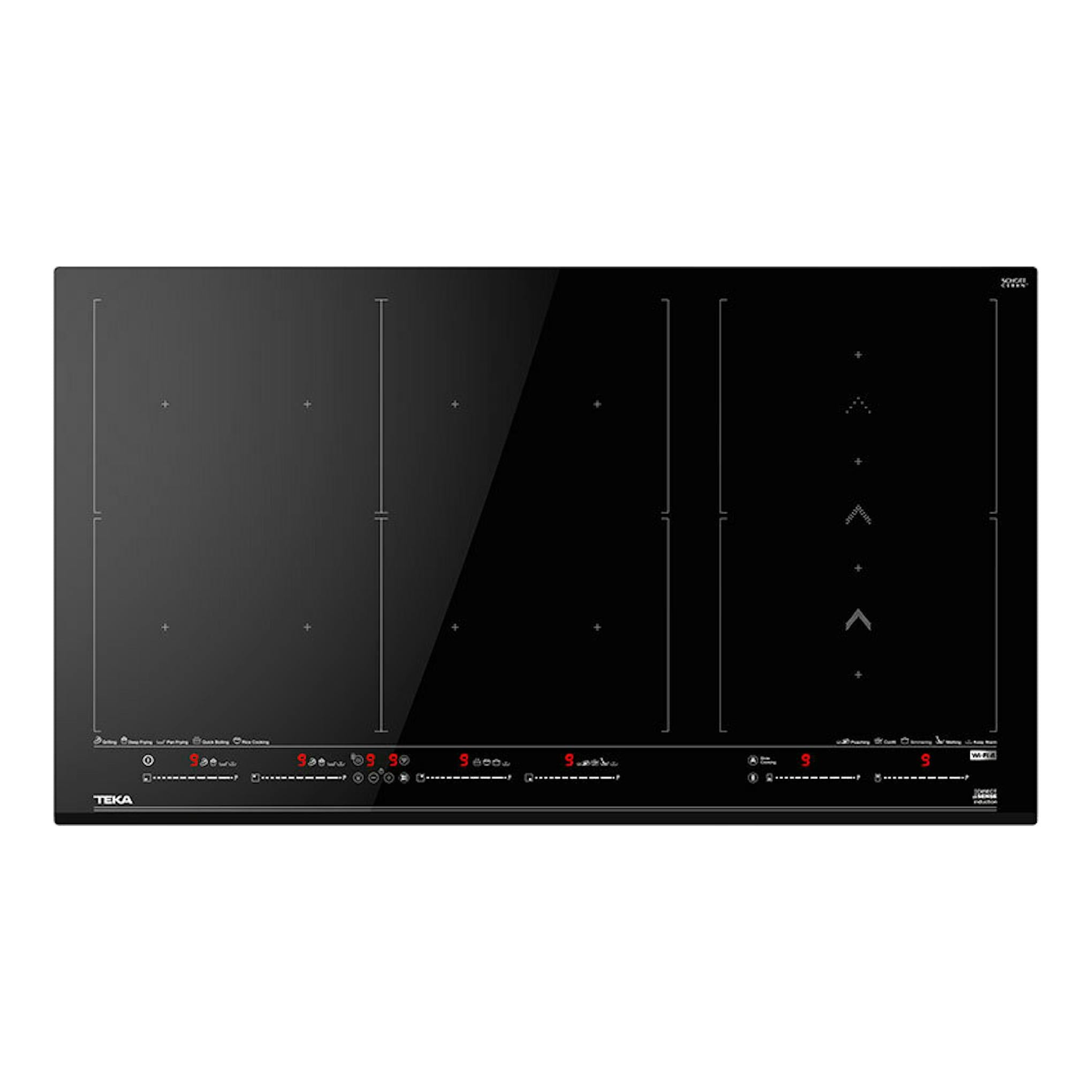 Teka IZF99770MST BK: placa de inducción negra, vista frontal, con mandos táctiles y zonas de cocción marcadas.