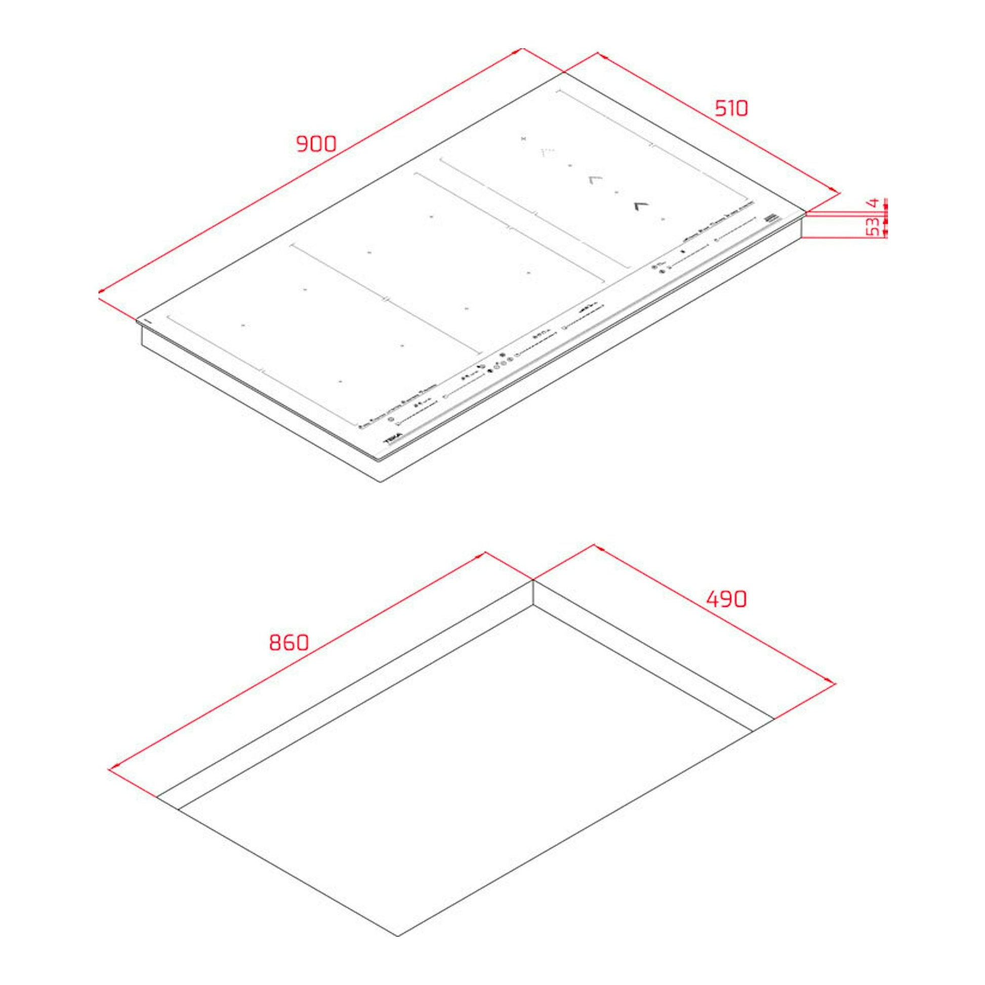 Placa de inducción Teka IZF99770MST BK, vista isométrica con medidas 900x510 y recorte 860x490.