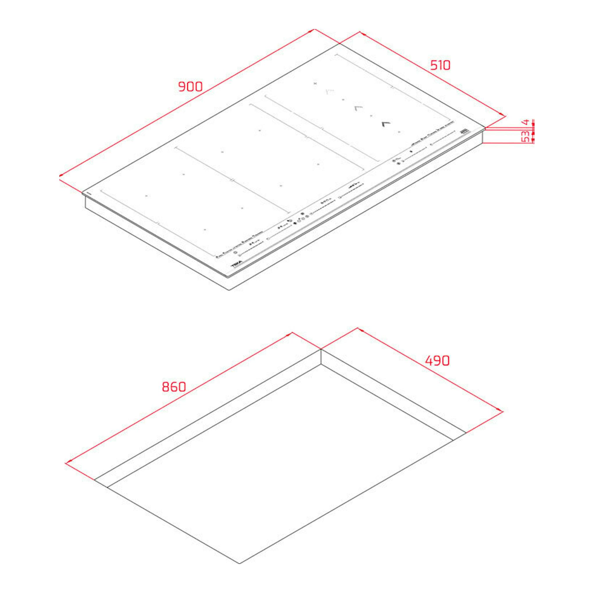 Placa de inducción Teka IZF99770MST BK, vista isométrica con medidas 900x510 y recorte 860x490.