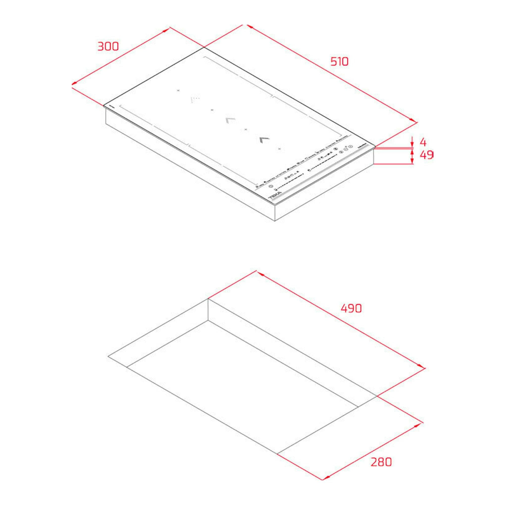 Placa de inducción Teka IZS34700MST, vista isométrica en blanco, con medidas 300x510 mm y hueco 490x280 mm.