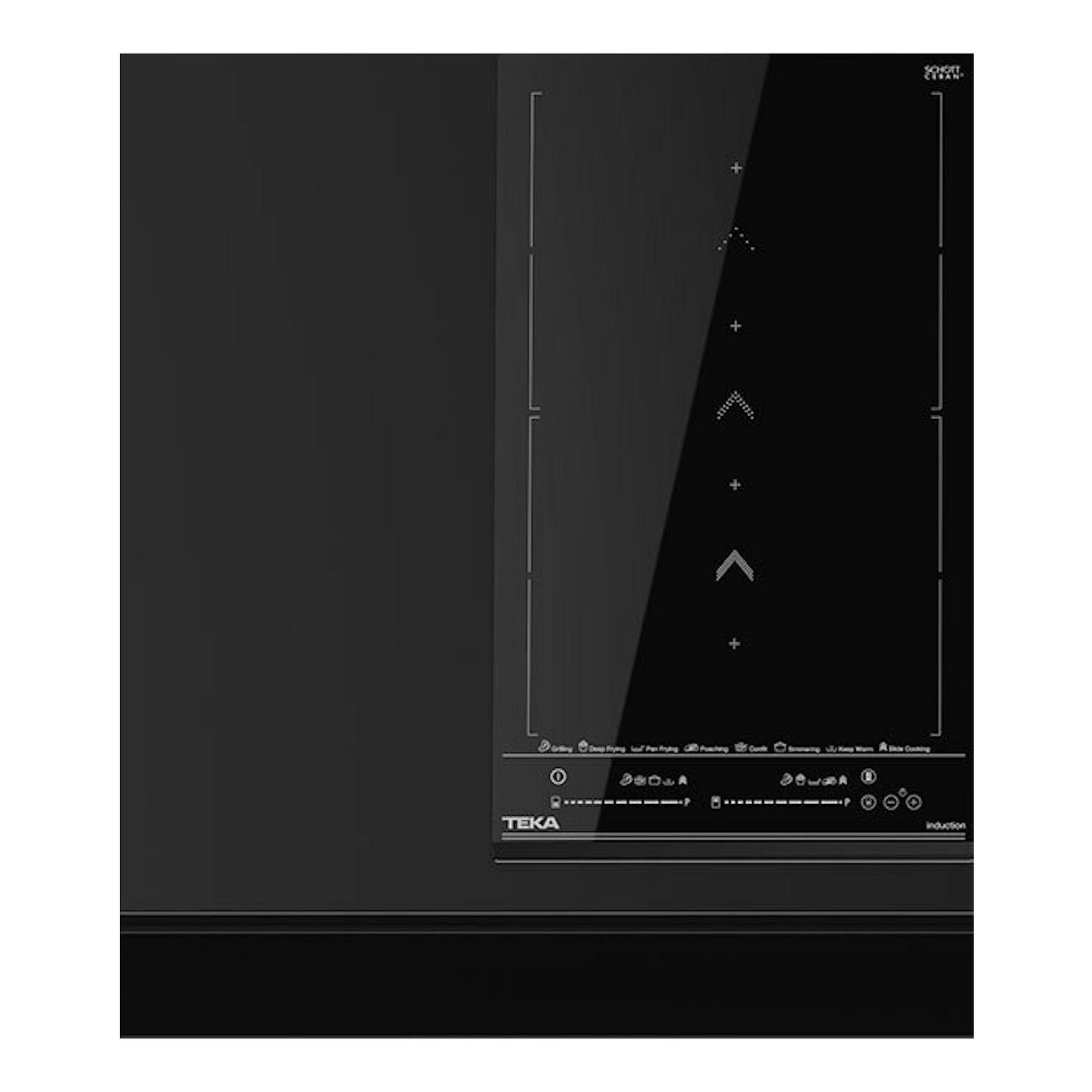 Placa de inducción Teka IZS34700MST negra, vista frontal, formato estrecho de 30 cm, con controles táctiles.