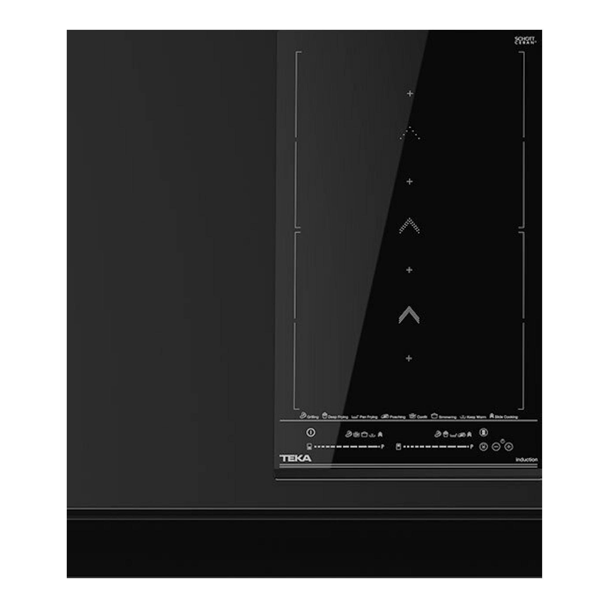 Placa de inducción Teka IZS34700MST negra, vista frontal, formato estrecho de 30 cm, con controles táctiles.