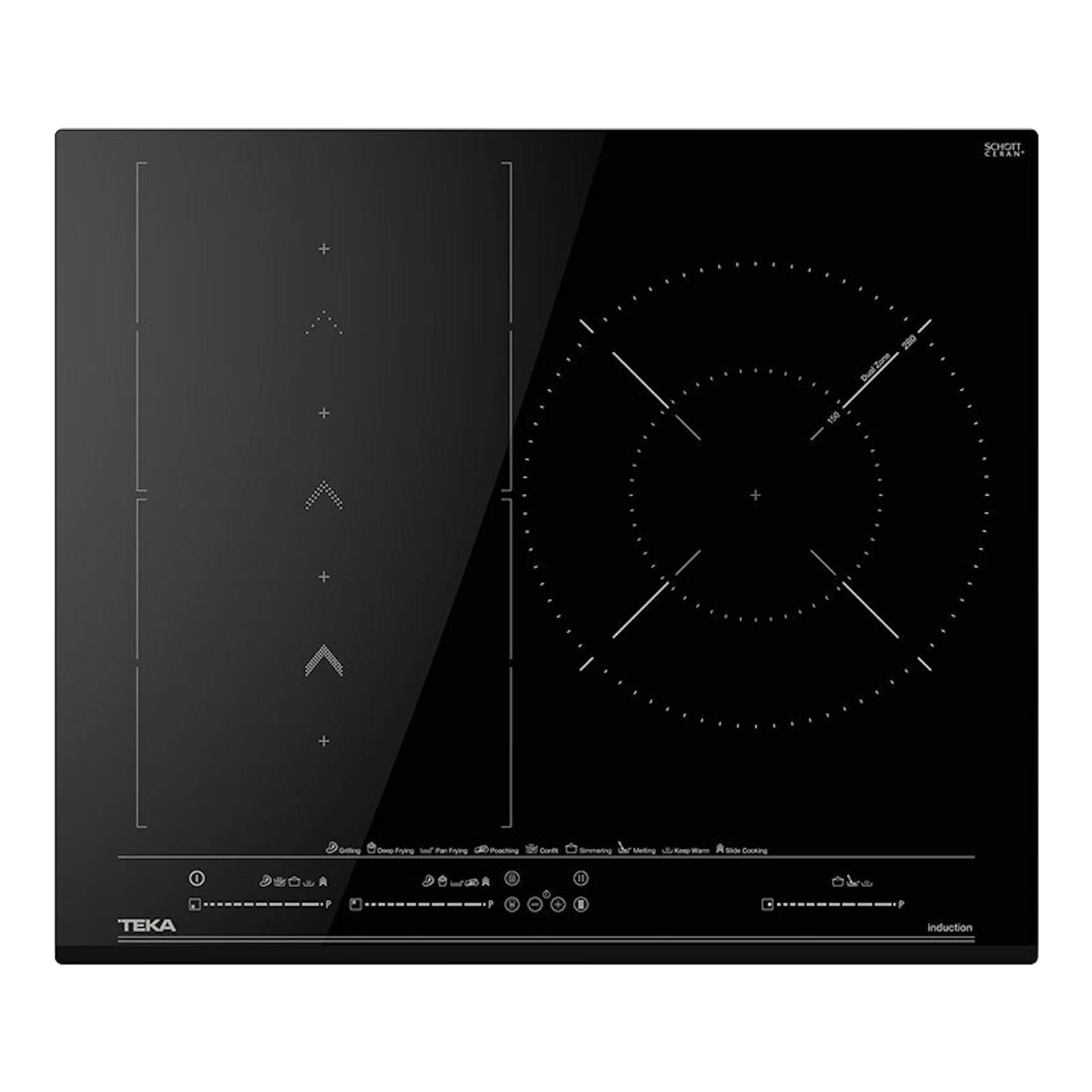 Placa de inducción Teka IZS67620MST negra, vista frontal, con zona flexible y mandos táctiles.
