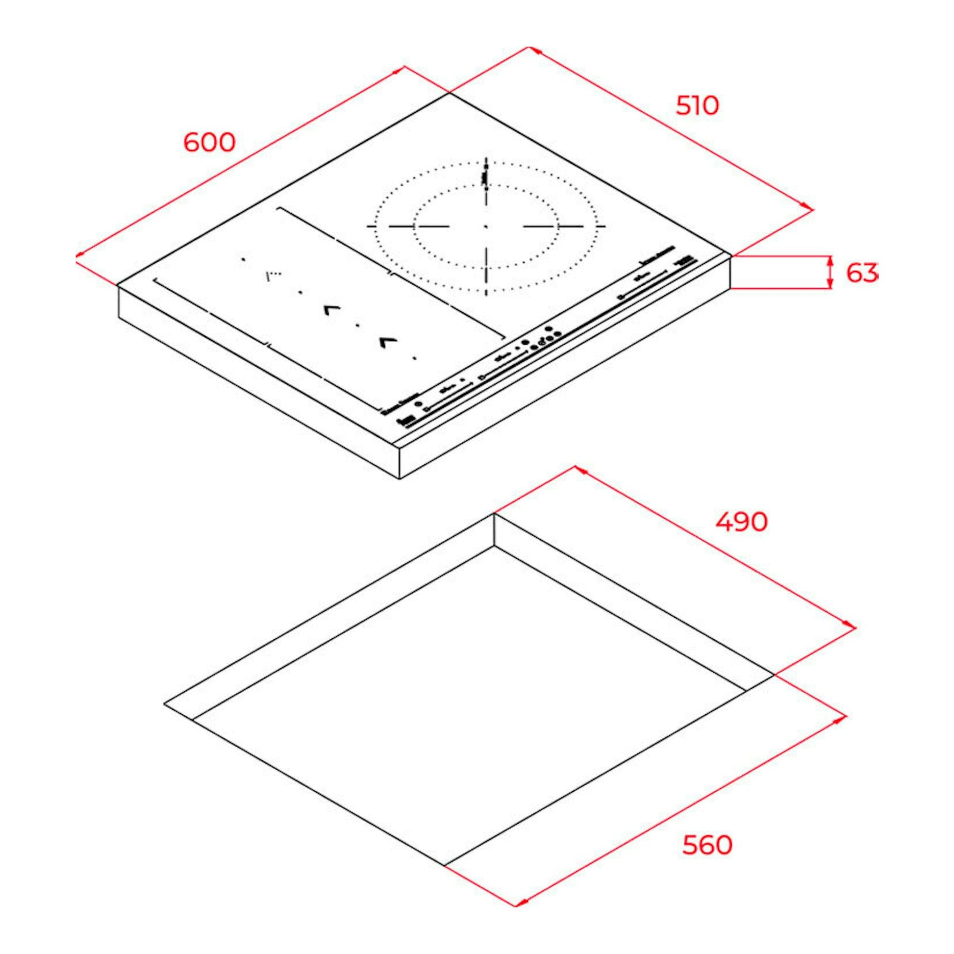 Placa de inducción Teka IZS67620MST de 60 cm, vista isométrica en blanco y negro con medidas.
