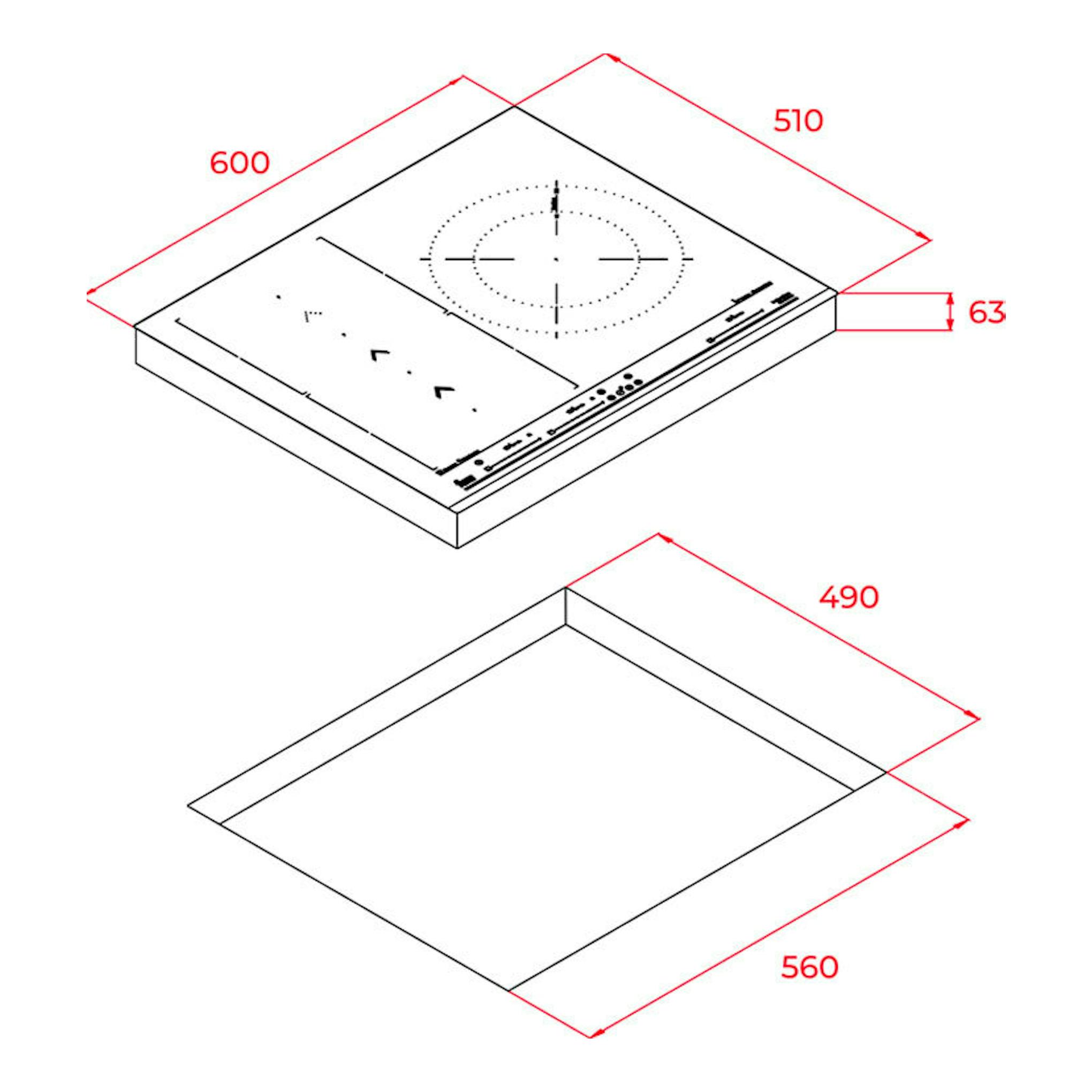 Placa de inducción Teka IZS67620MST de 60 cm, vista isométrica en blanco y negro con medidas.