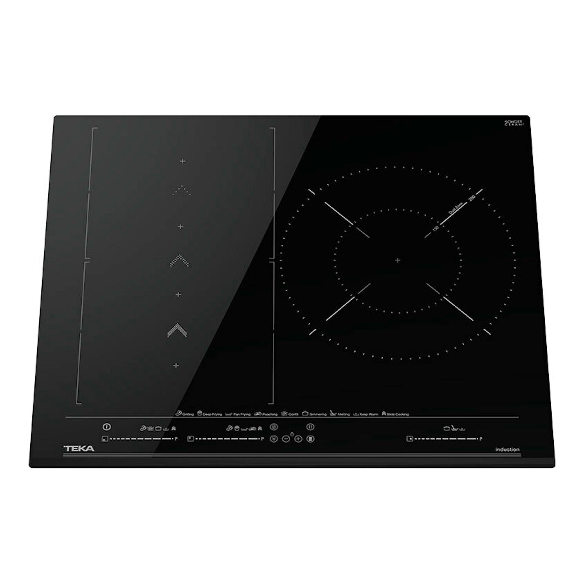 Placa de inducción Teka negra, vista frontal, con zona circular y mandos táctiles.