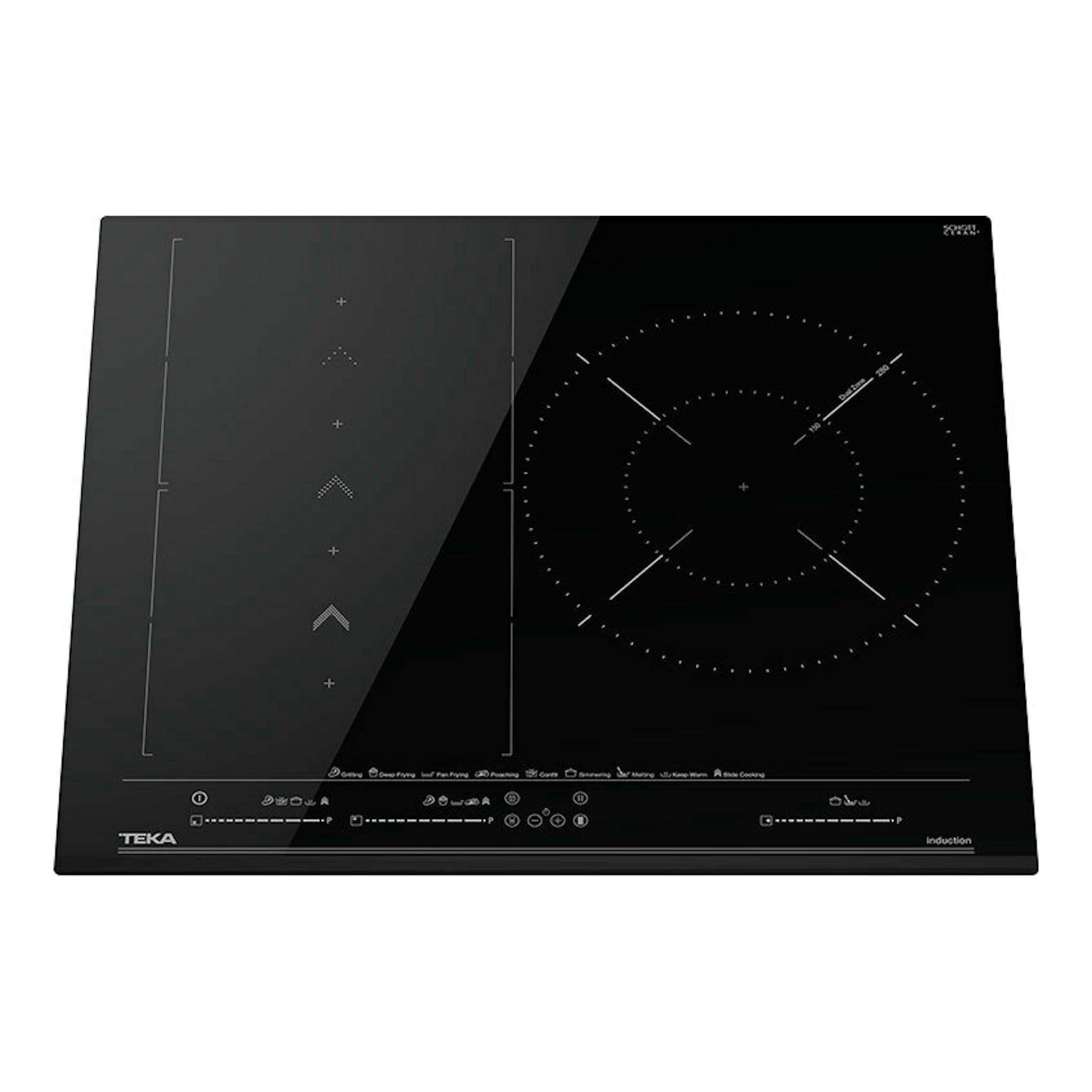 Placa de inducción Teka negra, vista frontal, con zona circular y mandos táctiles.