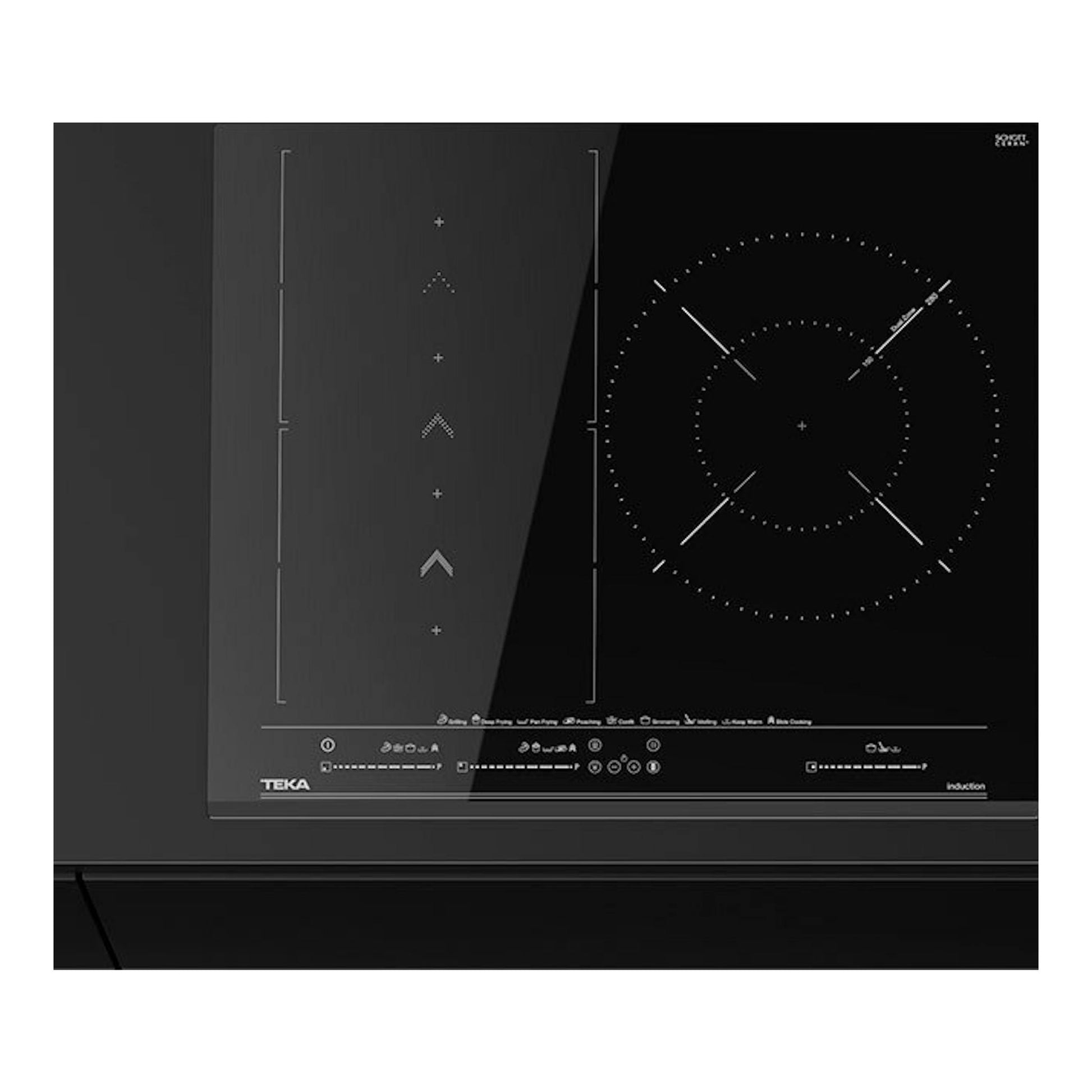 Placa de inducción Teka IZS67620MST de 60 cm, negra, vista frontal, con zonas de cocción marcadas.