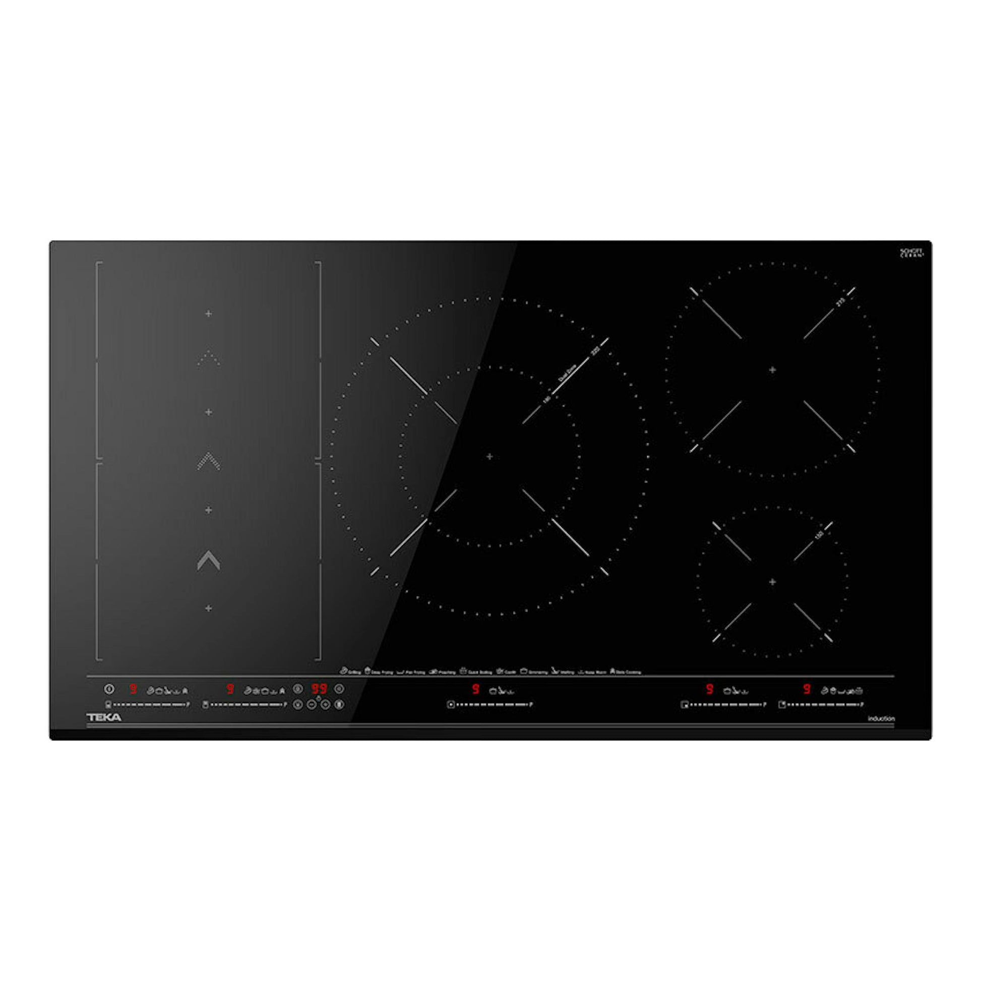 Placa de inducción Teka IZS97630MST negra, vista frontal, con cuatro zonas de cocción y panel táctil.