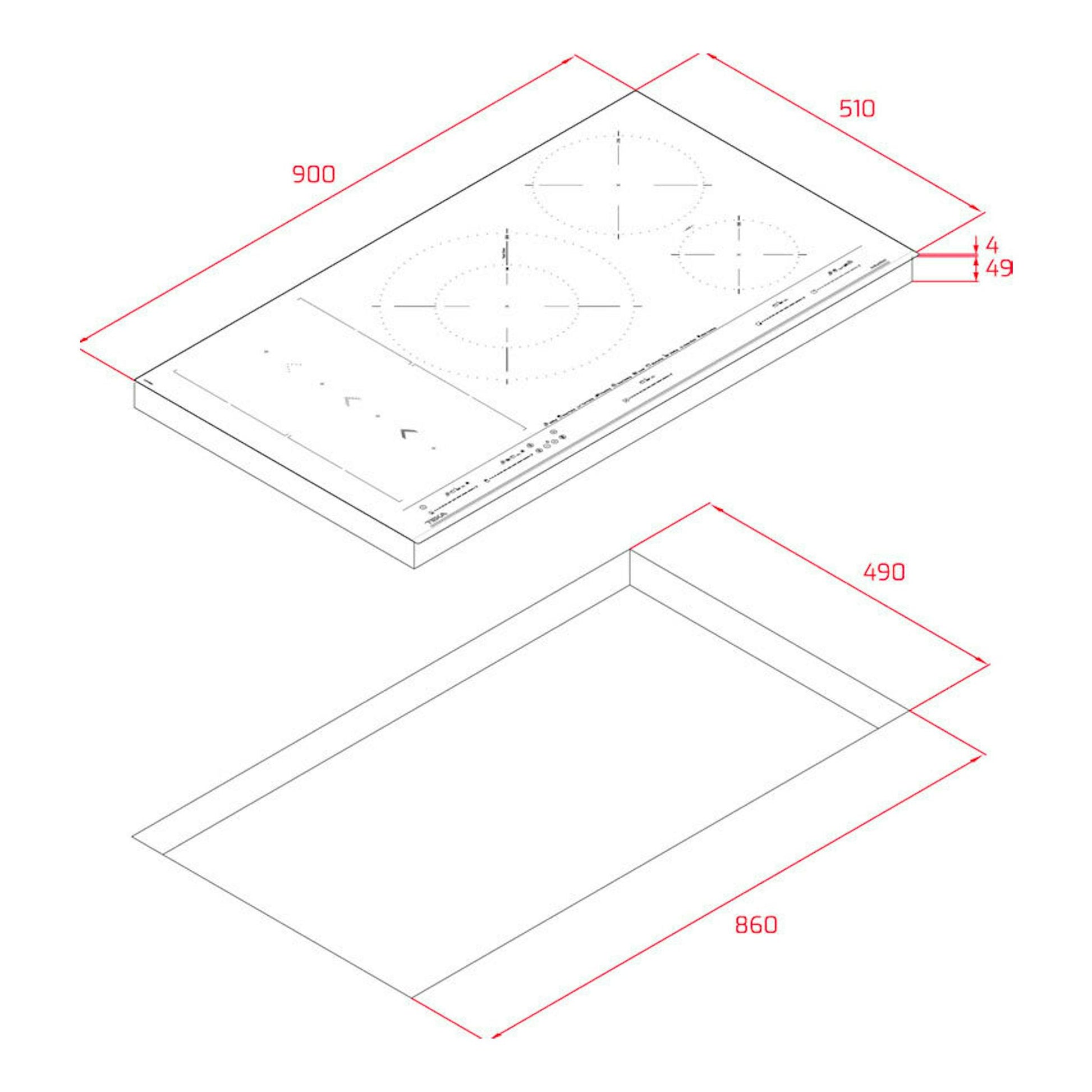Dibujo técnico de placa de inducción Teka IZS97630MST, vista isométrica, con medidas y hueco de encastre.