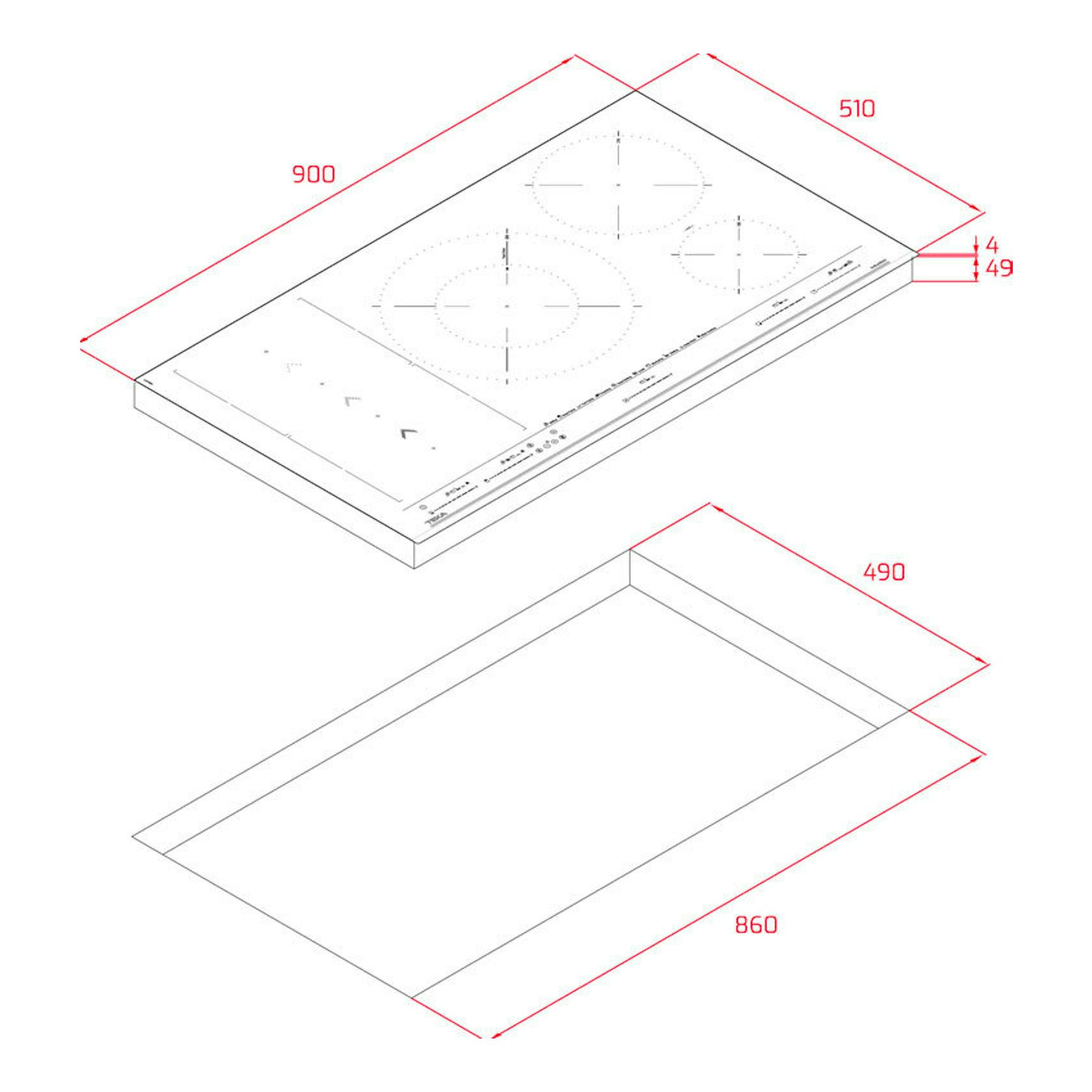 Dibujo técnico de placa de inducción Teka IZS97630MST, vista isométrica, con medidas y hueco de encastre.