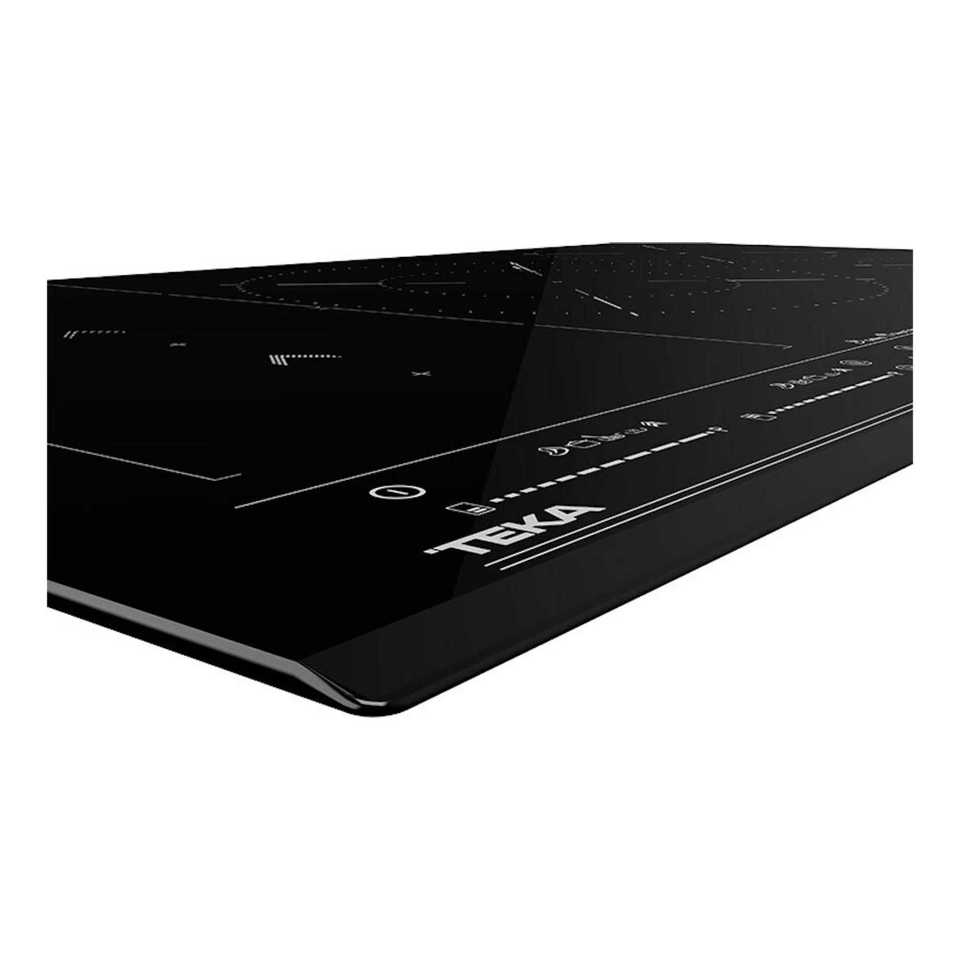Placa de inducción Teka negra, vista en perspectiva diagonal, con superficie de vidrio y mandos táctiles.