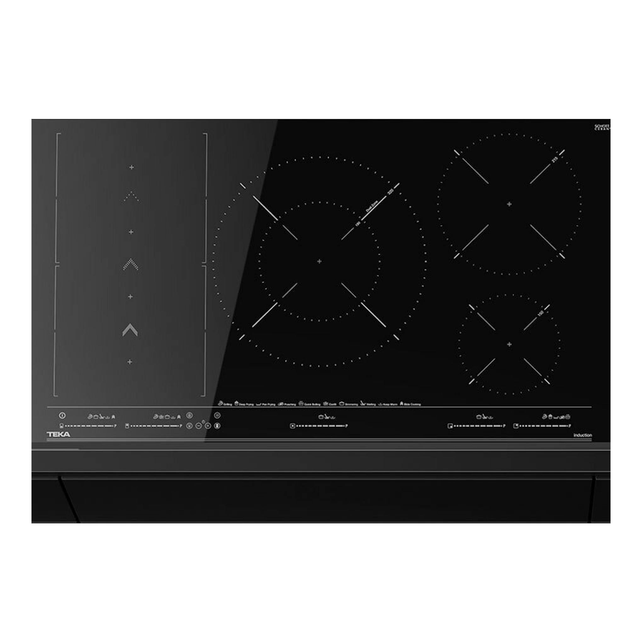 Placa de inducción Teka IZS97630MST negra, vista frontal, con cuatro zonas de cocción.