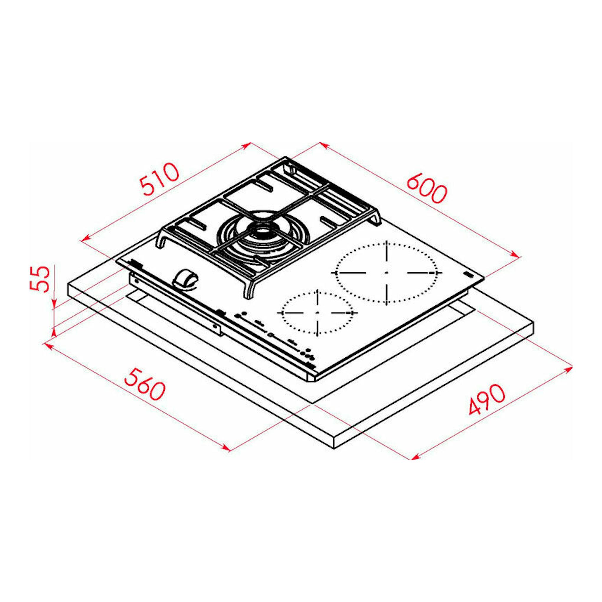 Teka JZC 63312 ABN, dibujo técnico en vista isométrica de placa mixta con medidas 600 x 510 mm y hueco 560 x 490 mm.
