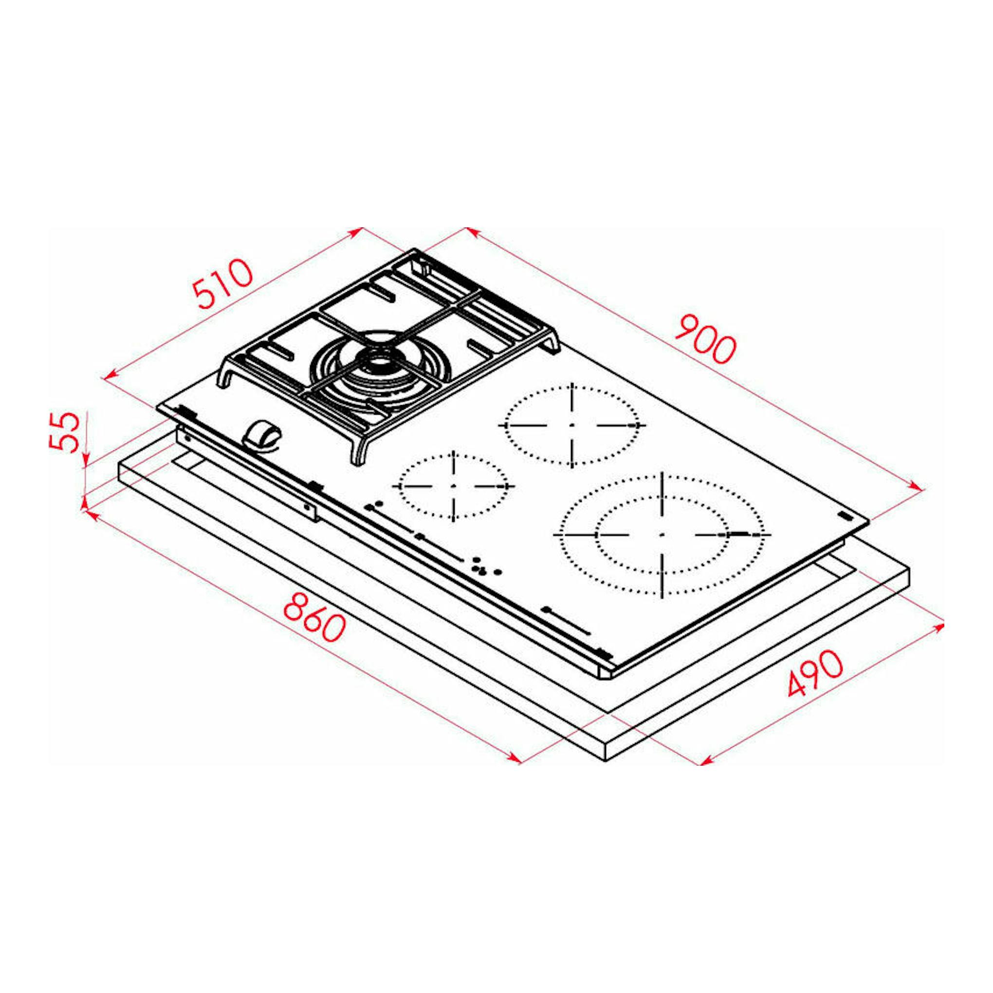 Plano isométrico en blanco y negro de la placa mixta Teka JZC 94313 ABN de 90 cm con medidas.