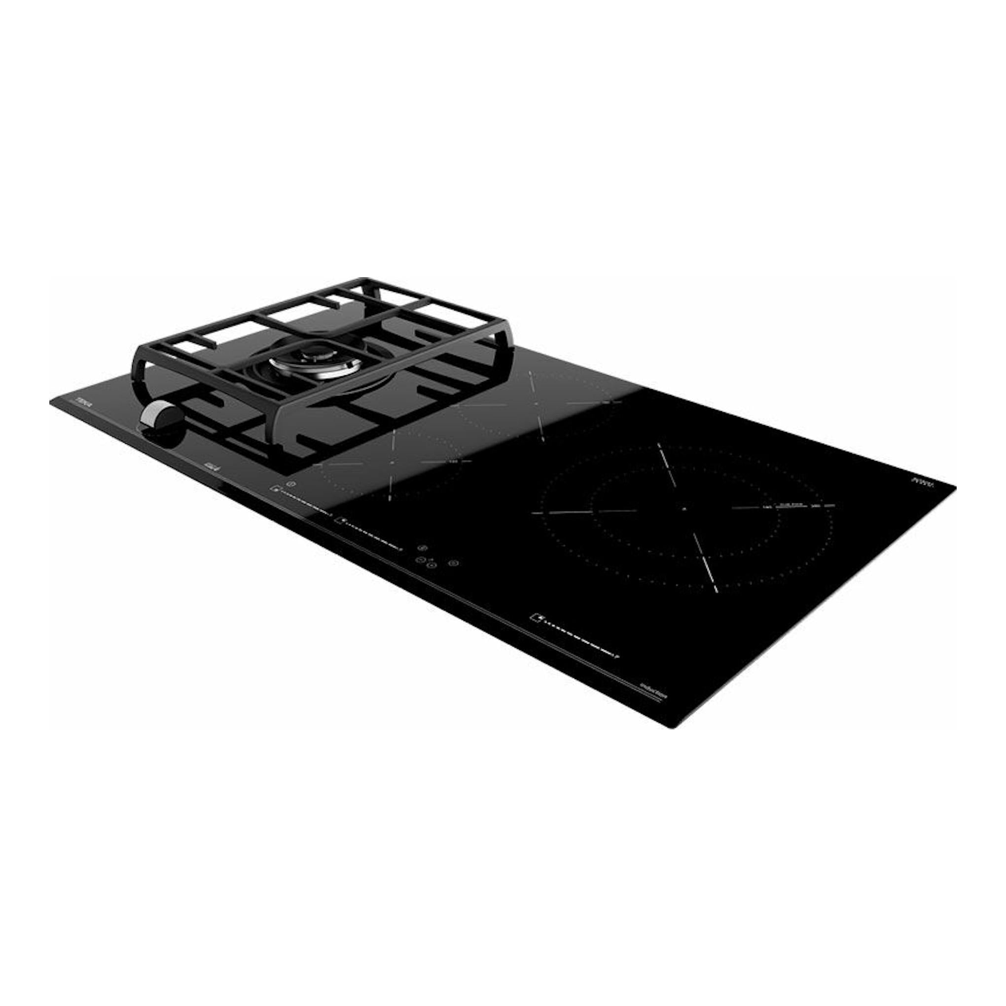 Placa mixta Teka JZC 94313 ABN negra, vista en perspectiva, con 1 quemador de gas y zona de inducción.
