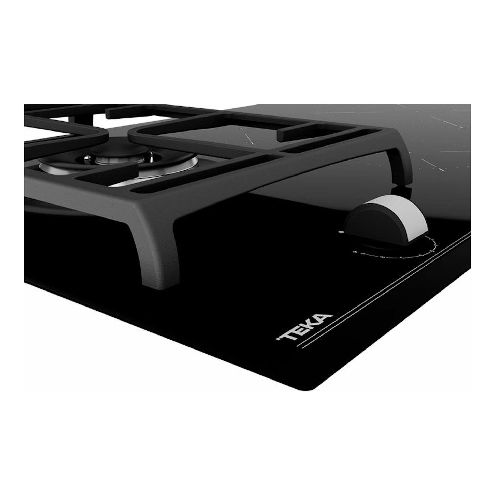 Placa mixta Teka JZC 94313 ABN negra, vista en ángulo con quemadores de gas y mando frontal.