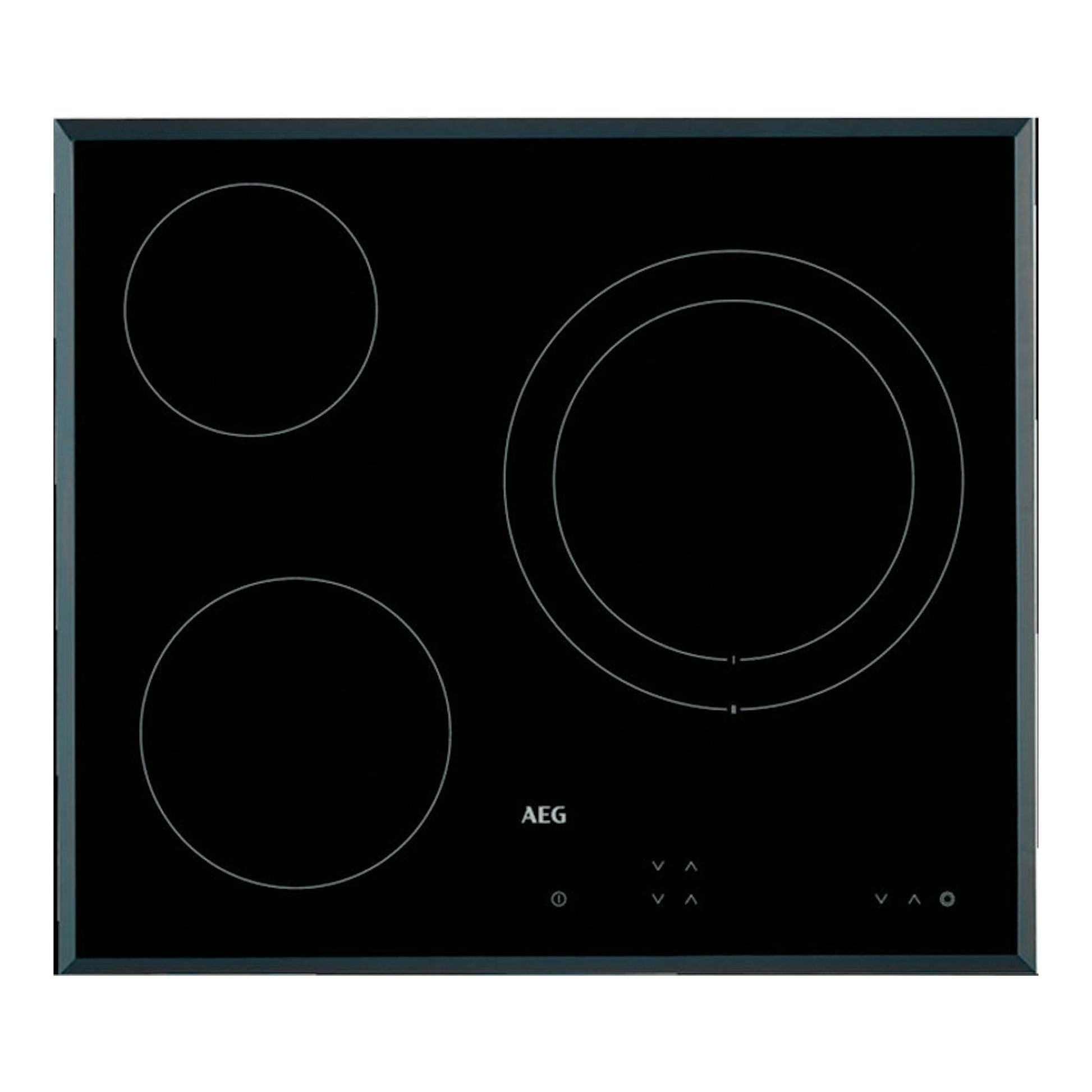 Placa vitrocerámica AEG negra, vista superior, con cuatro zonas de cocción circulares.