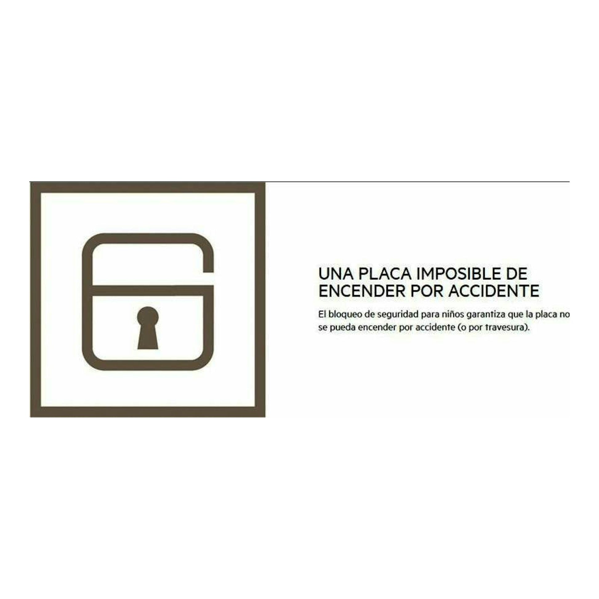 AEG HK623021FB: icono de bloqueo infantil marrón sobre fondo blanco con texto de seguridad.