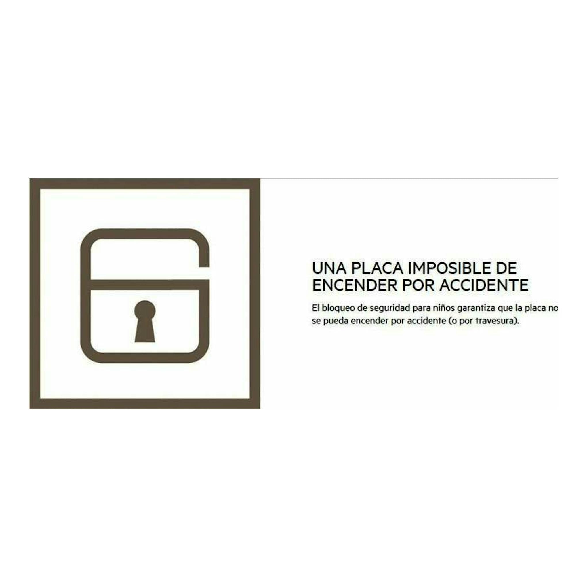 AEG HK623021FB: icono de bloqueo infantil marrón sobre fondo blanco con texto de seguridad.