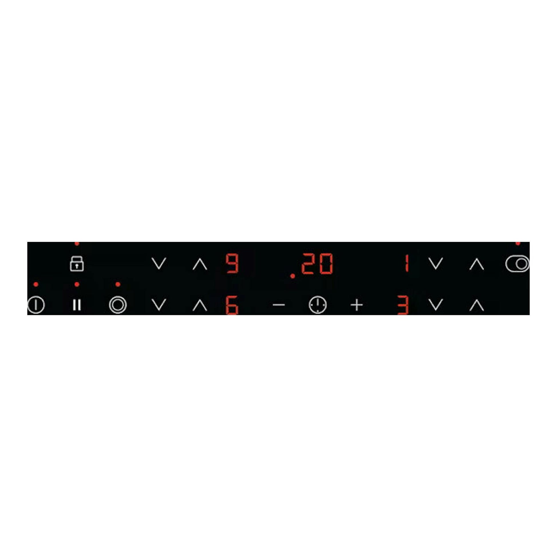 Placa vitrocerámica AEG HK634060XB negra, vista frontal de panel táctil con dígitos rojos.
