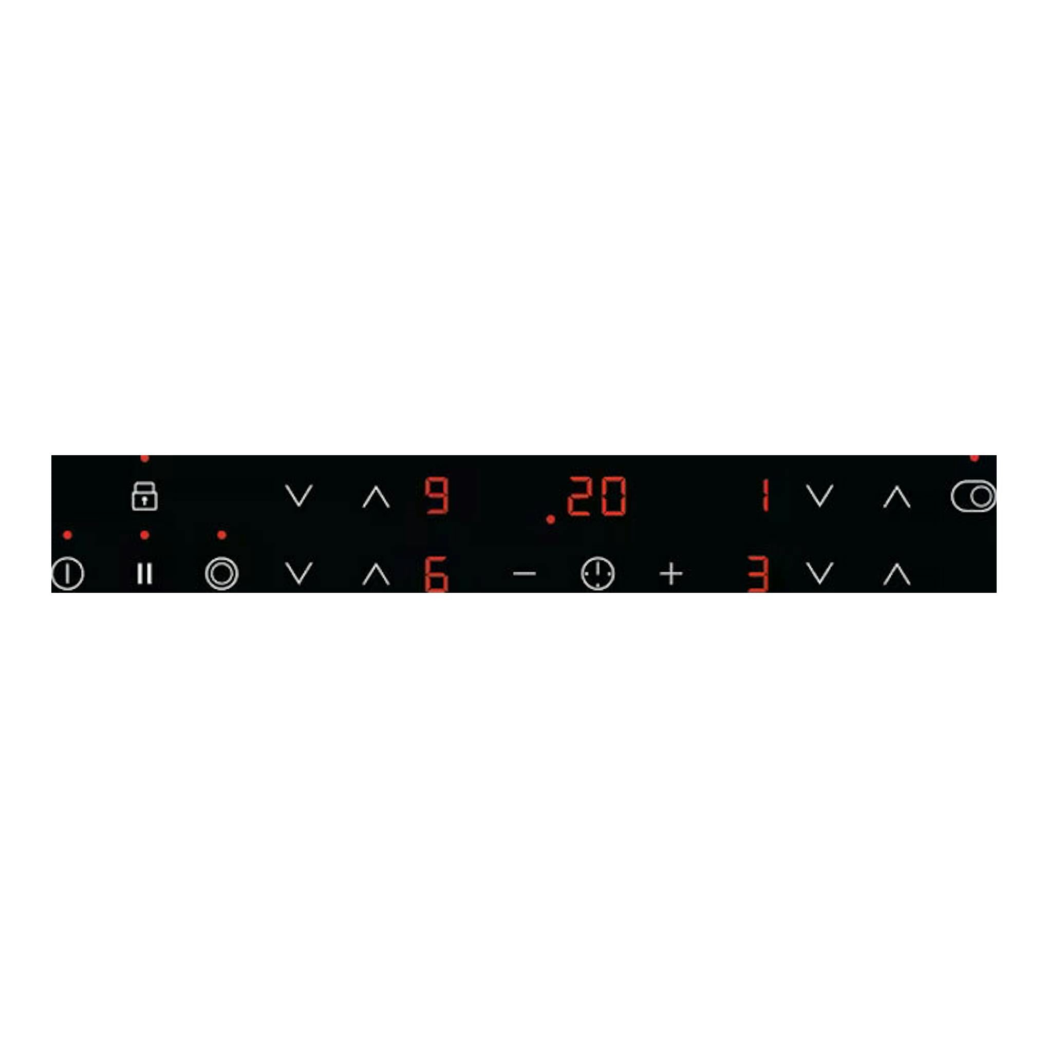 Placa vitrocerámica AEG HK634060XB negra, vista frontal de panel táctil con dígitos rojos.