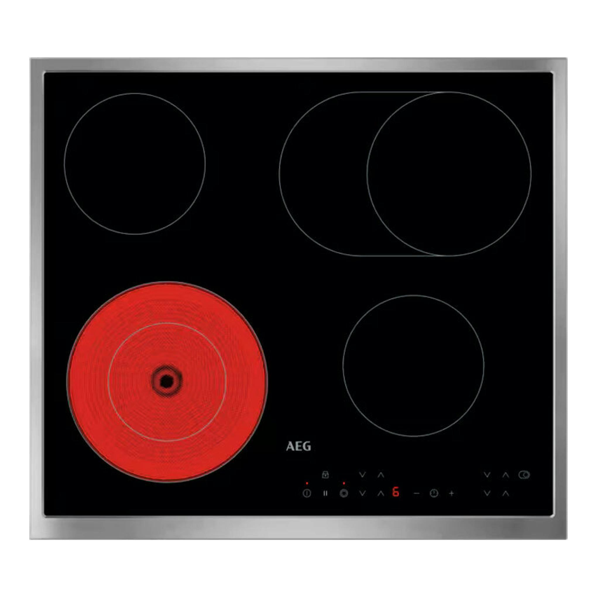 Placa vitrocerámica AEG TN64RA06XB negra, vista frontal, con una zona de cocción roja encendida.