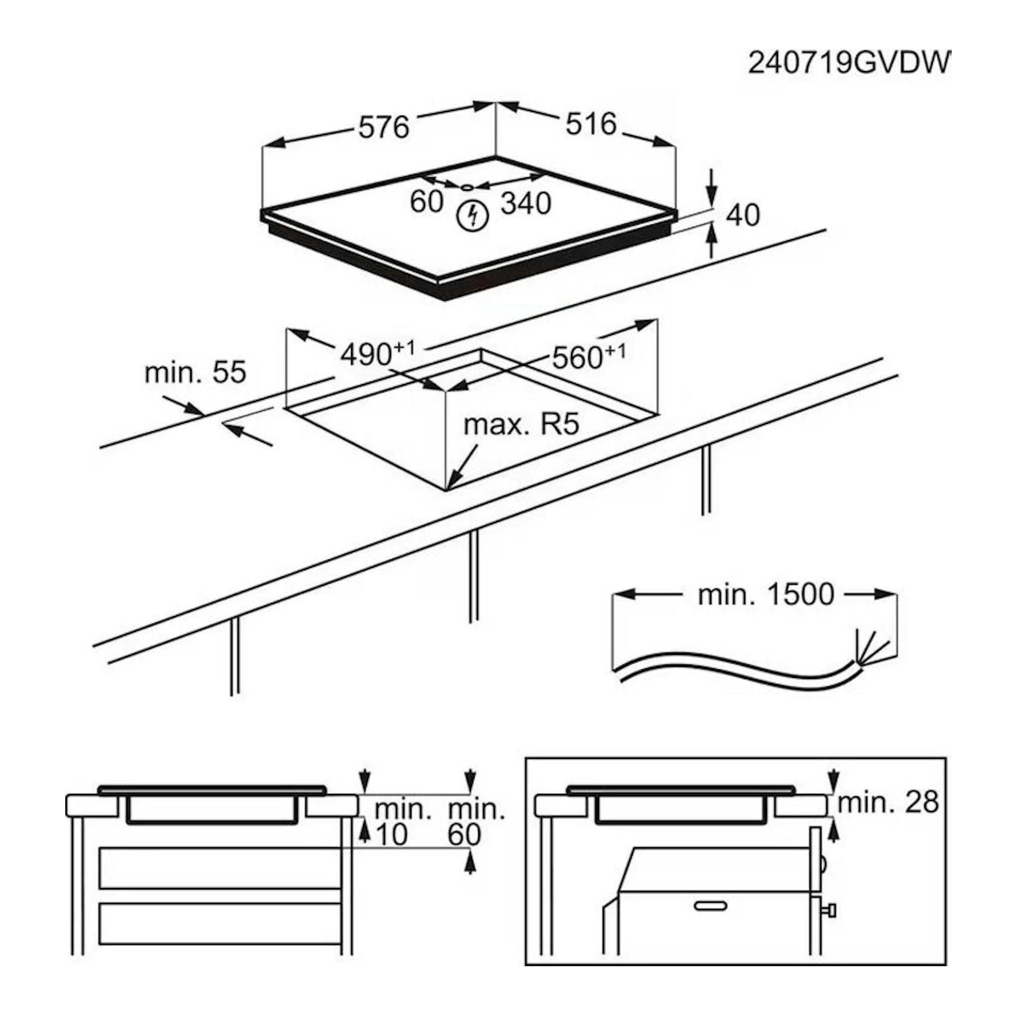 AEG TN64RA06XB: esquema técnico de placa vitrocerámica negra de 60 cm con medidas y vistas superior/lateral.