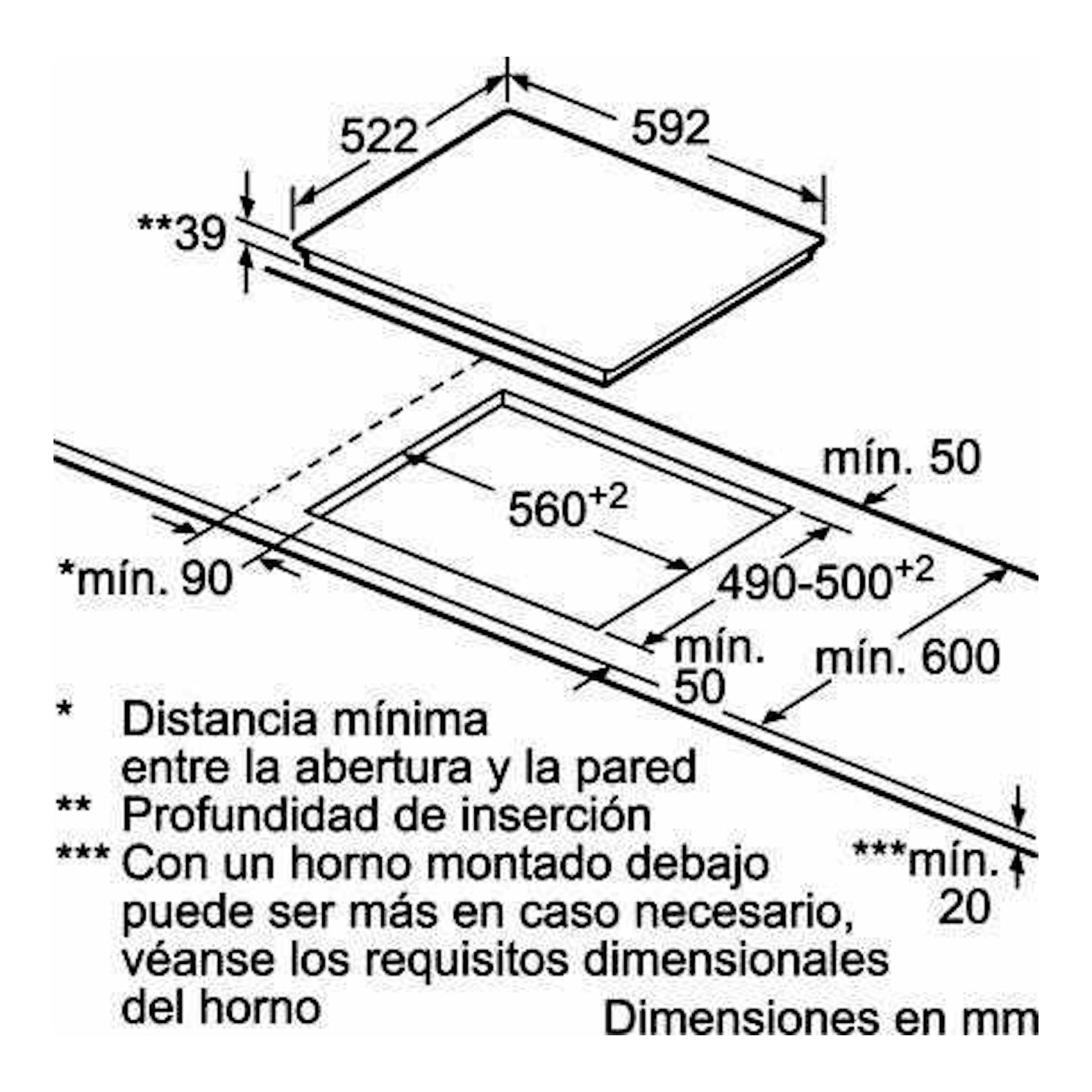Diagrama técnico en blanco y negro de la placa vitrocerámica Balay 3EB720LR, vista en perspectiva con medidas.