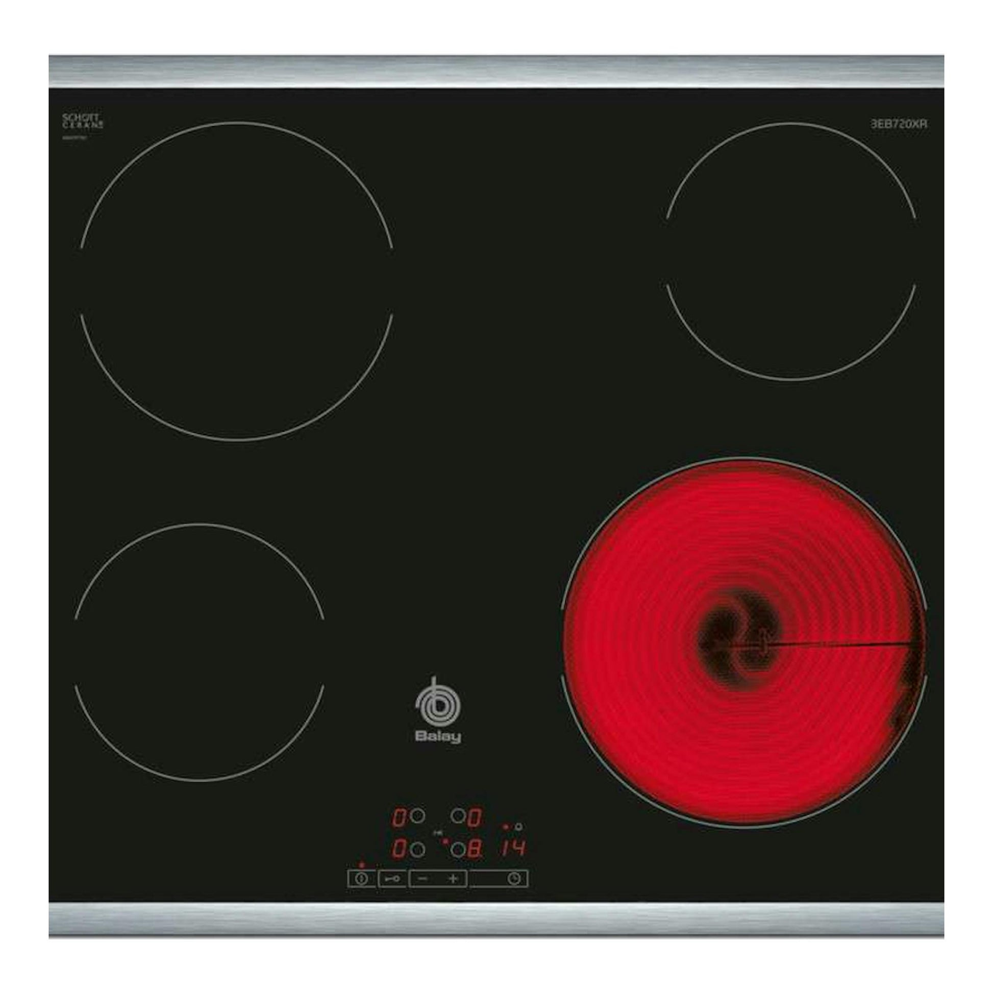 Placa vitrocerámica Balay 3EB720XR negra, vista frontal, con cuatro zonas de cocción y una encendida en rojo.