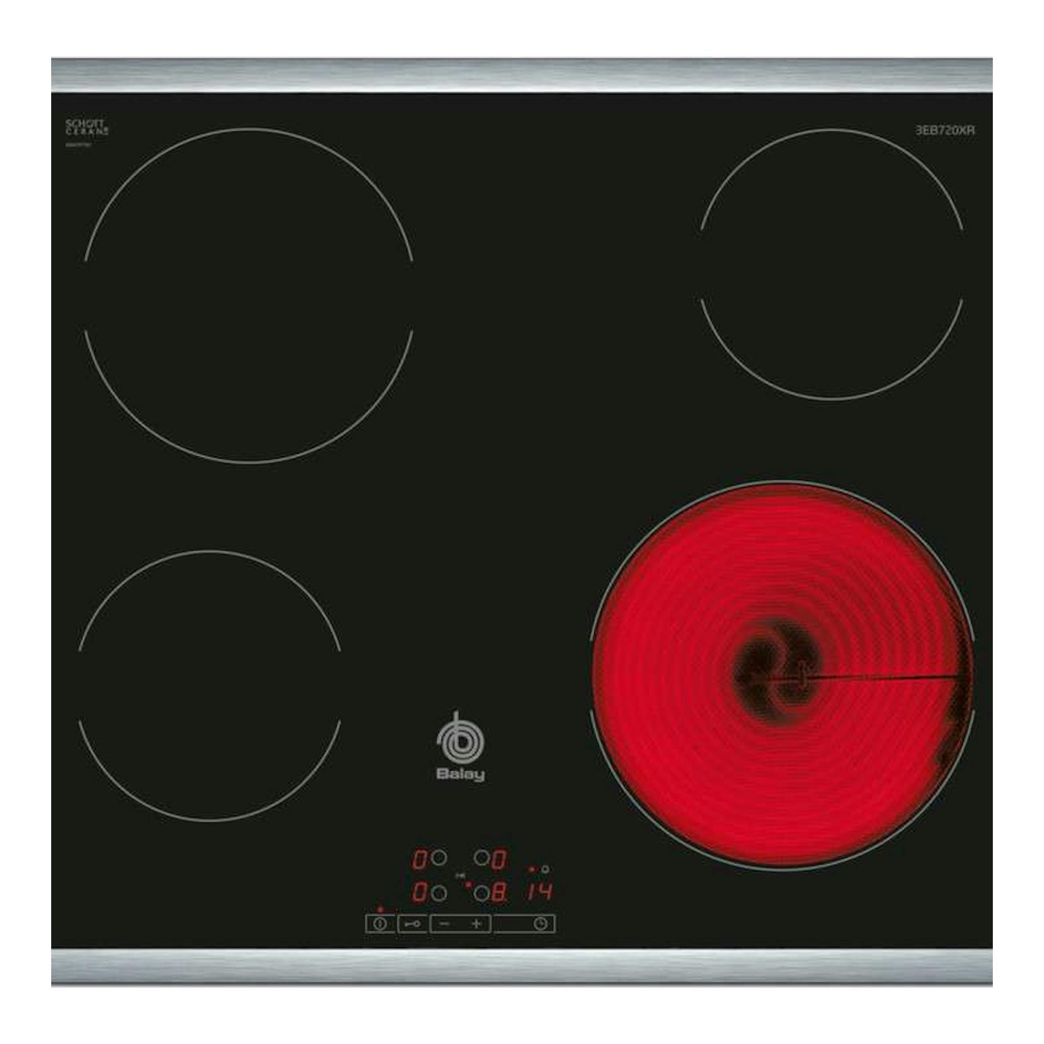 Placa vitrocerámica Balay 3EB720XR negra, vista frontal, con cuatro zonas de cocción y una encendida en rojo.