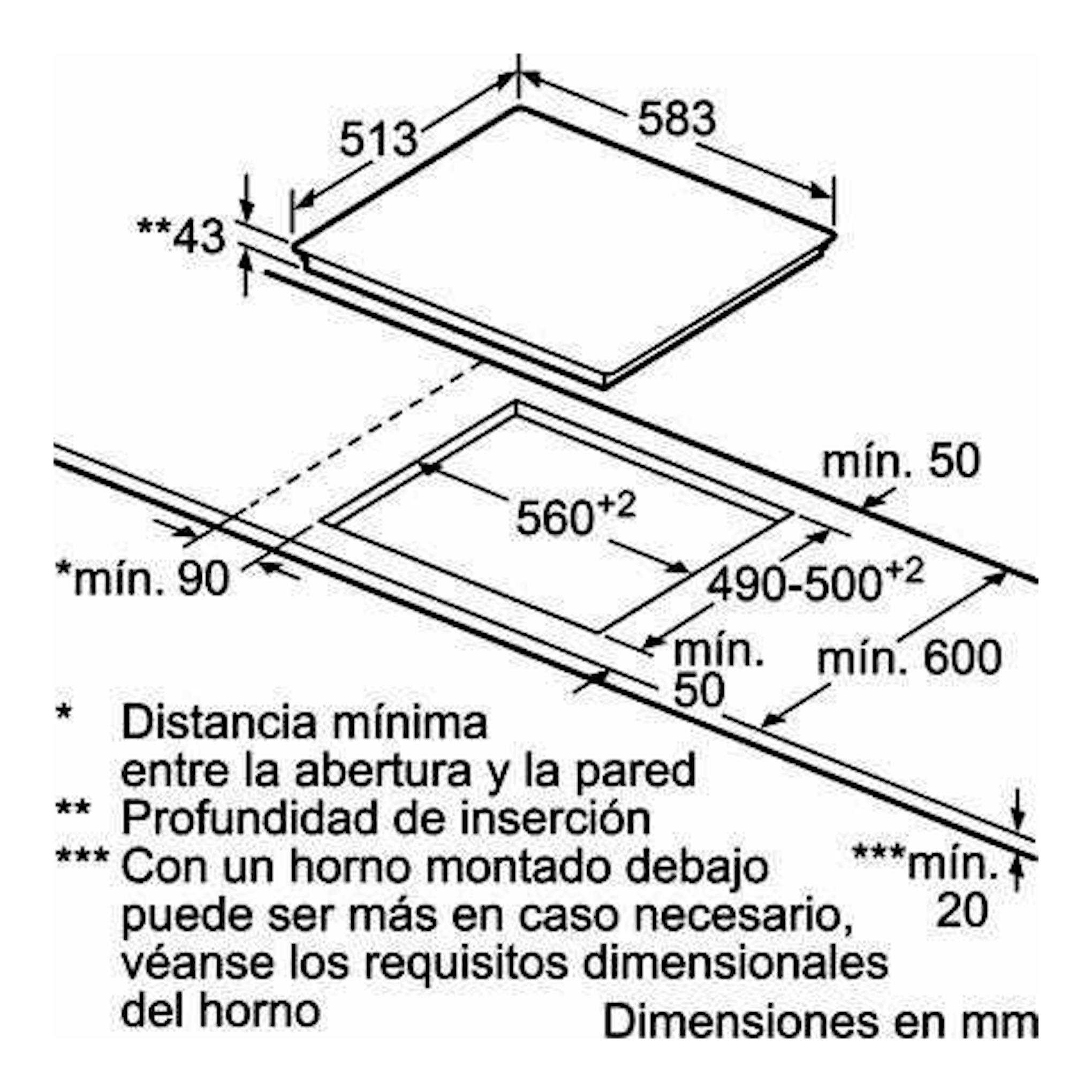 Diagrama técnico en blanco y negro de instalación de la placa vitrocerámica Balay 3EB720XR, vista en perspectiva.