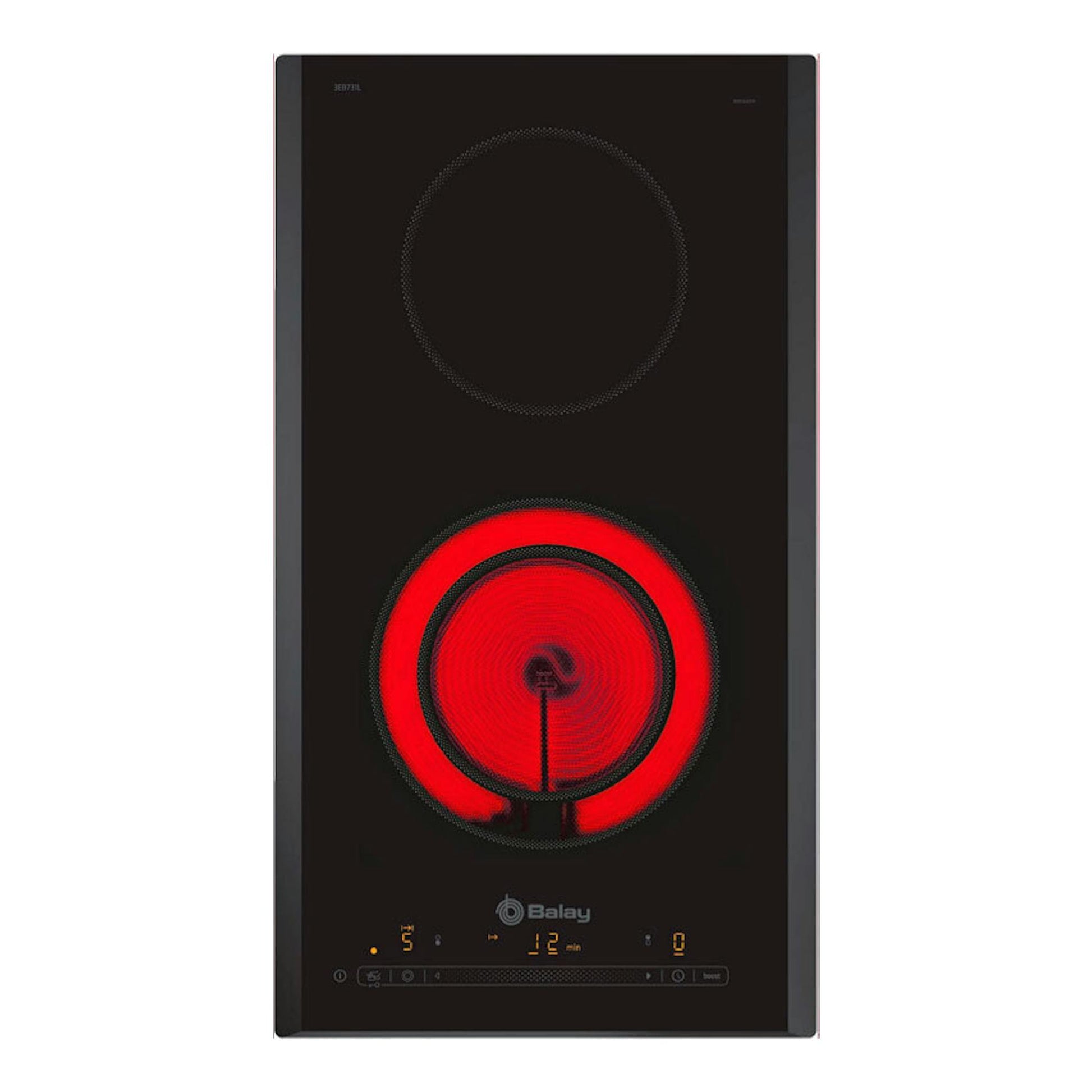 Placa vitrocerámica Balay 3EB731LQ negra, vista frontal, con un fuego circular rojo encendido.