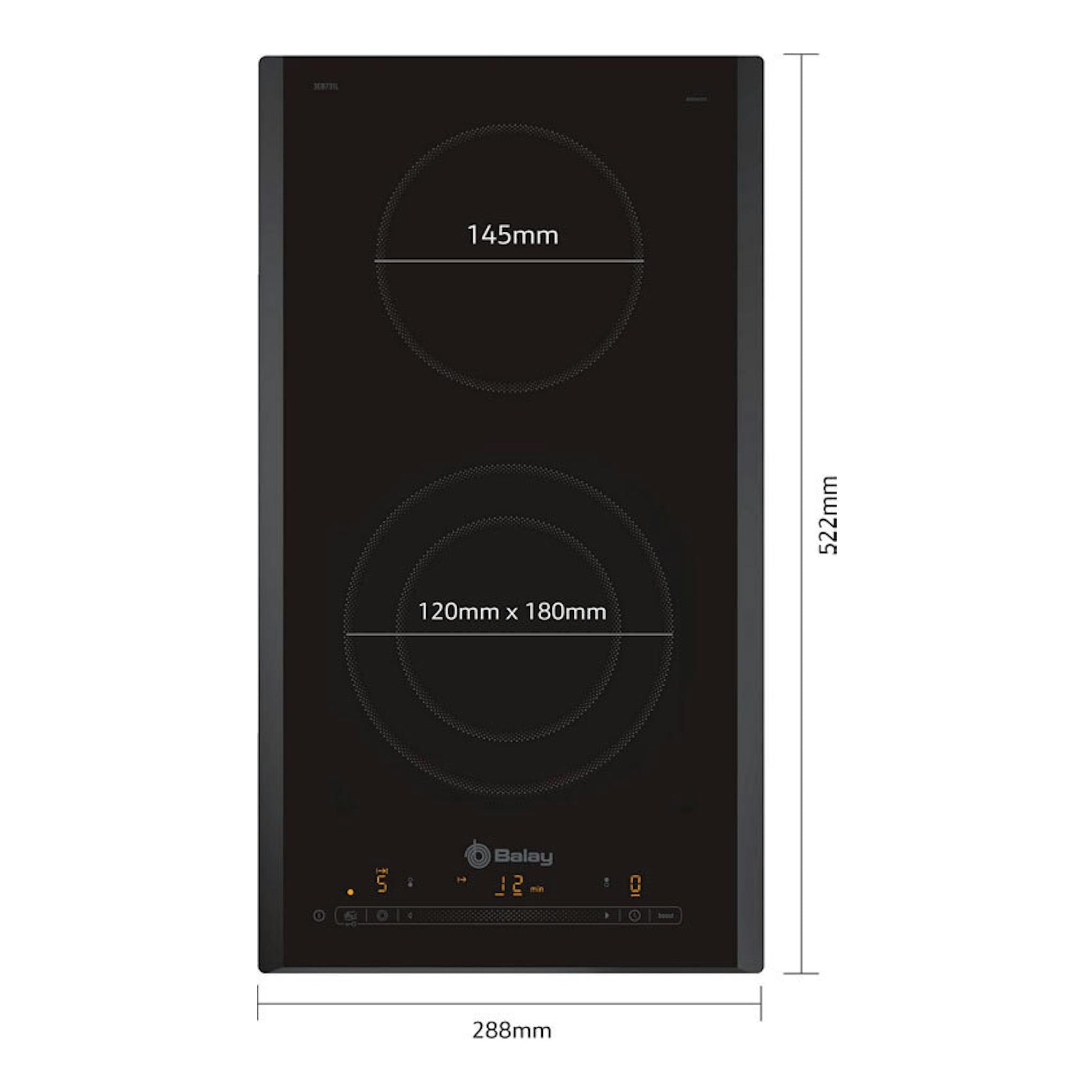 Placa vitrocerámica Balay 3EB731LQ negra, vista frontal, 2 zonas, medidas 288 x 522 mm.