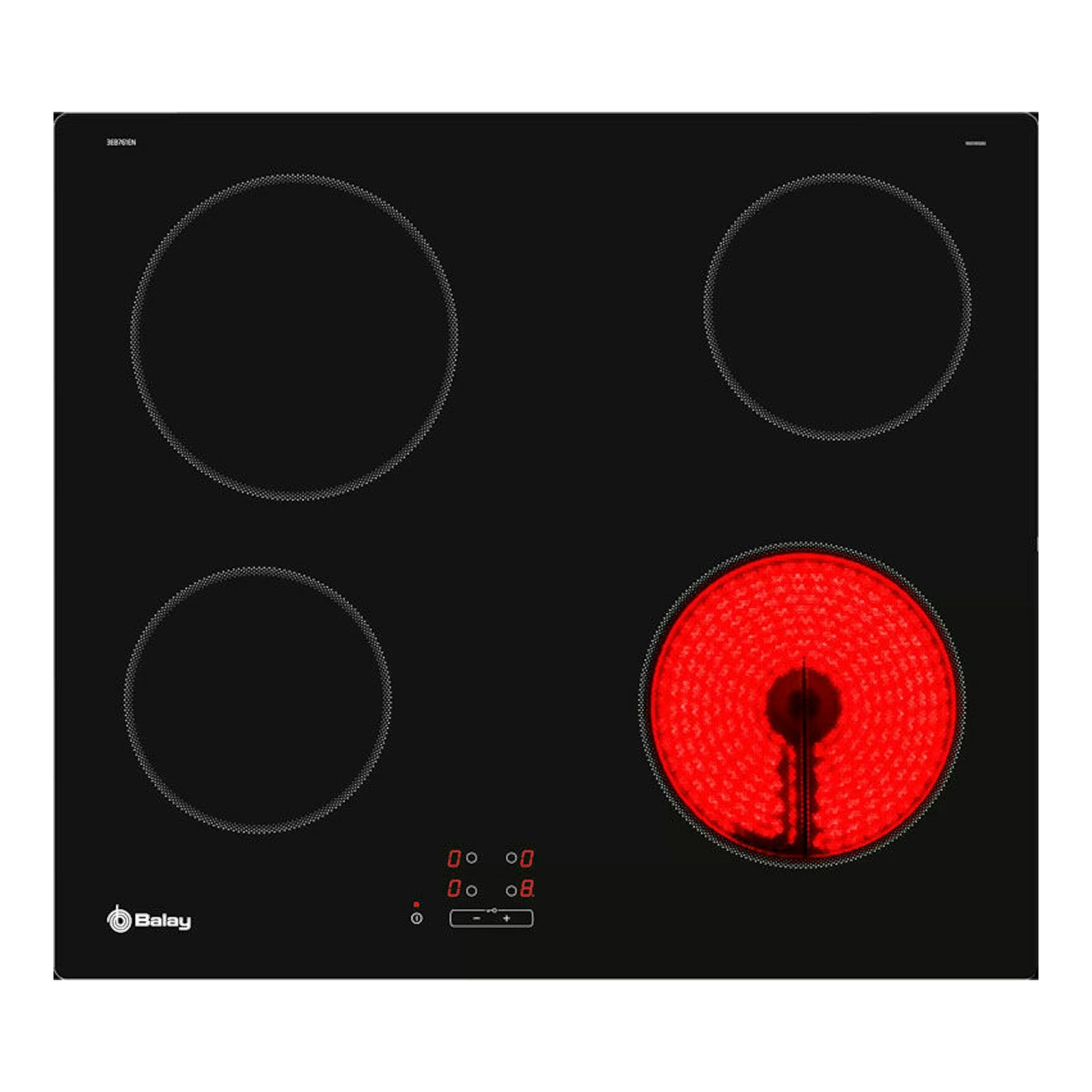 Placa vitrocerámica Balay 3EB761EN negra, vista superior, con 4 zonas; una encendida en rojo.
