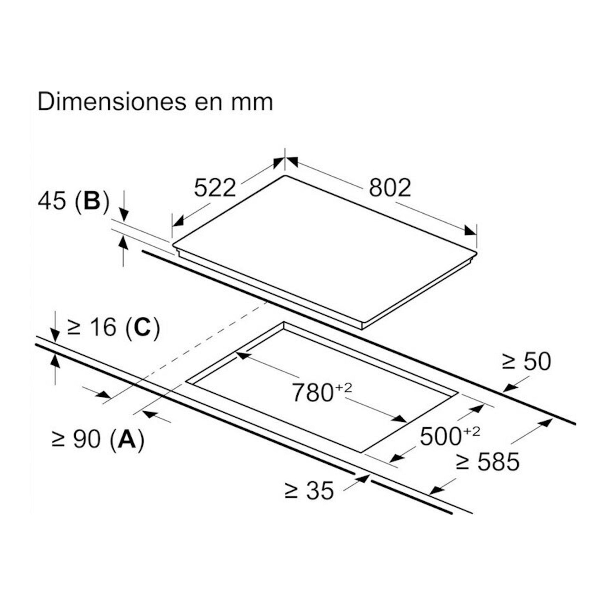 Diagrama técnico en vista superior de una placa vitrocerámica Balay 3EB786LQ con medidas 802x522 mm y hueco 780x500 mm.
