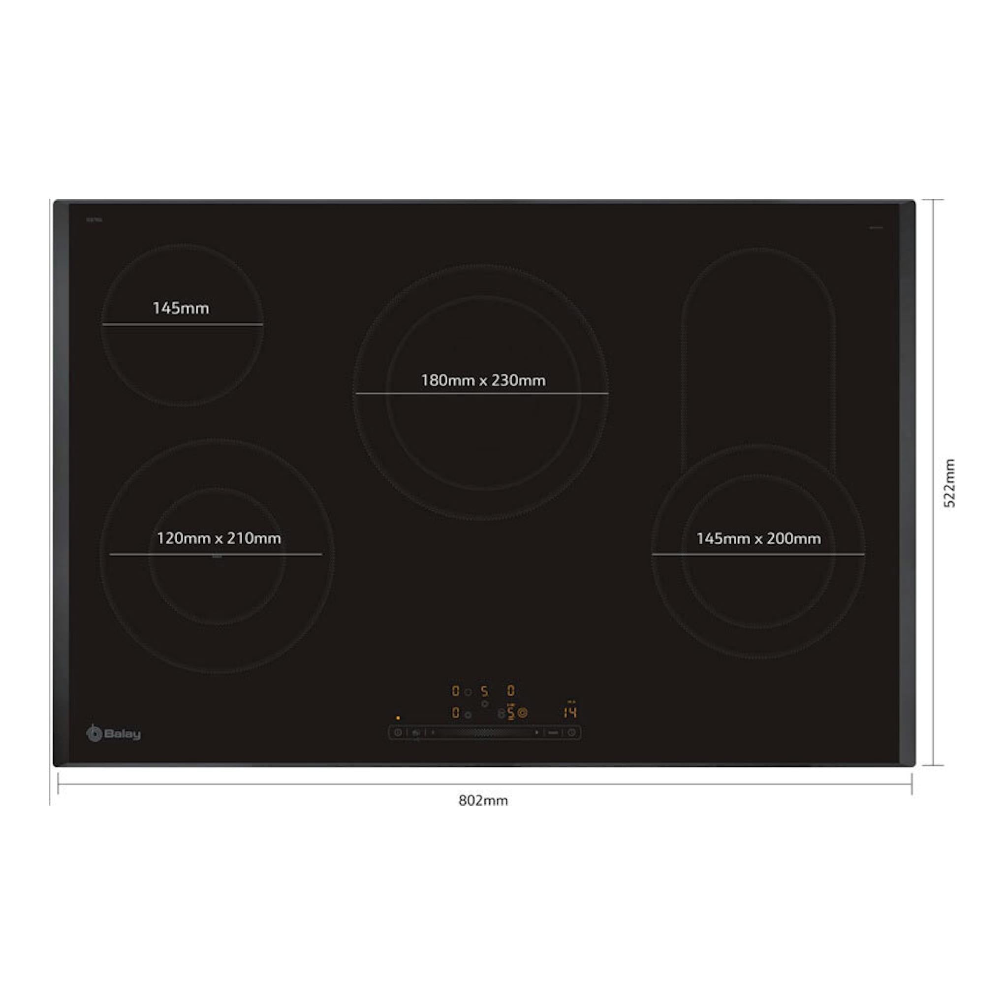Placa vitrocerámica Balay 3EB786LQ negra, vista superior, 4 zonas de cocción y control táctil, 80 cm.