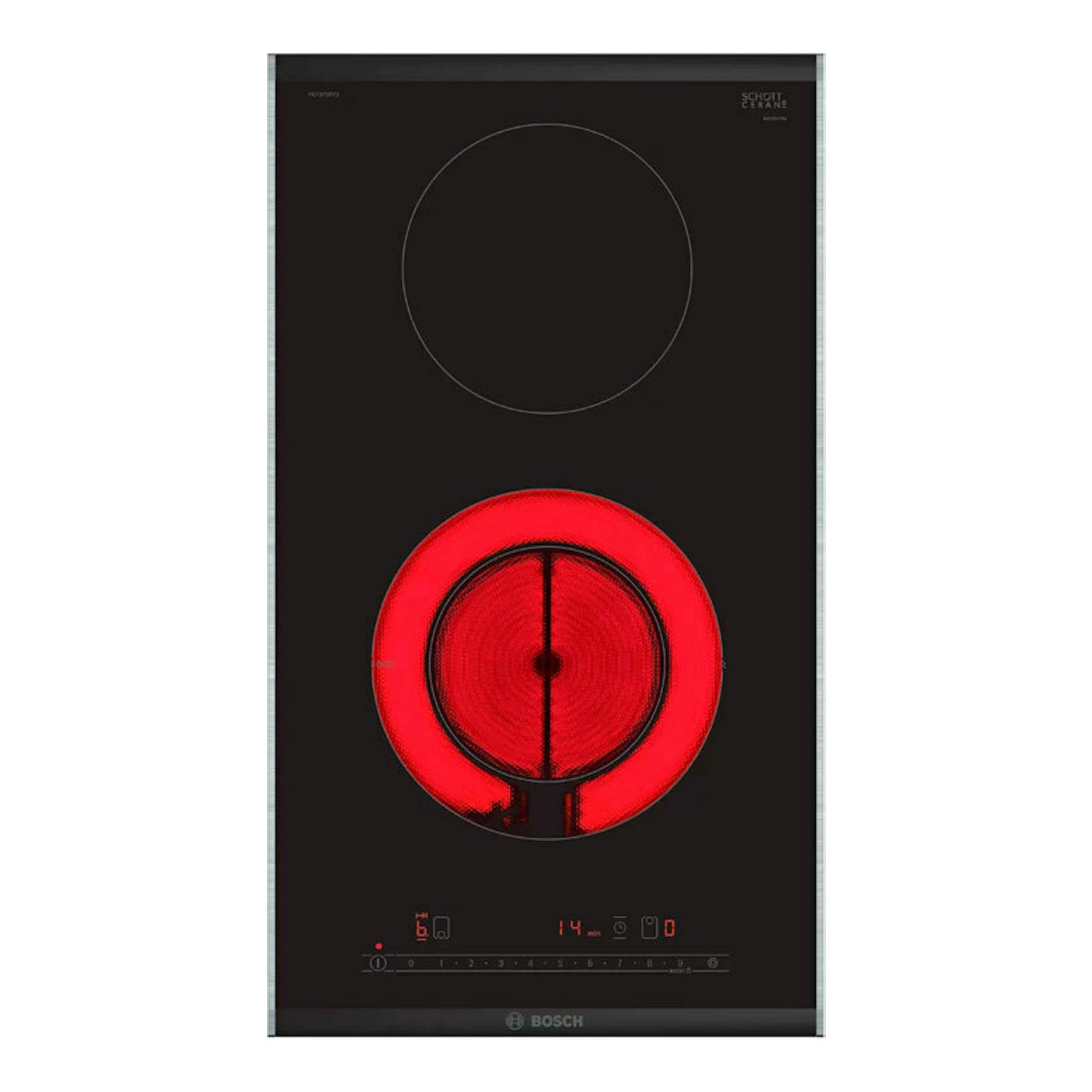 Placa vitrocerámica Bosch PKF375FP2E negra de 30 cm, vista frontal, con un fuego rojo encendido.
