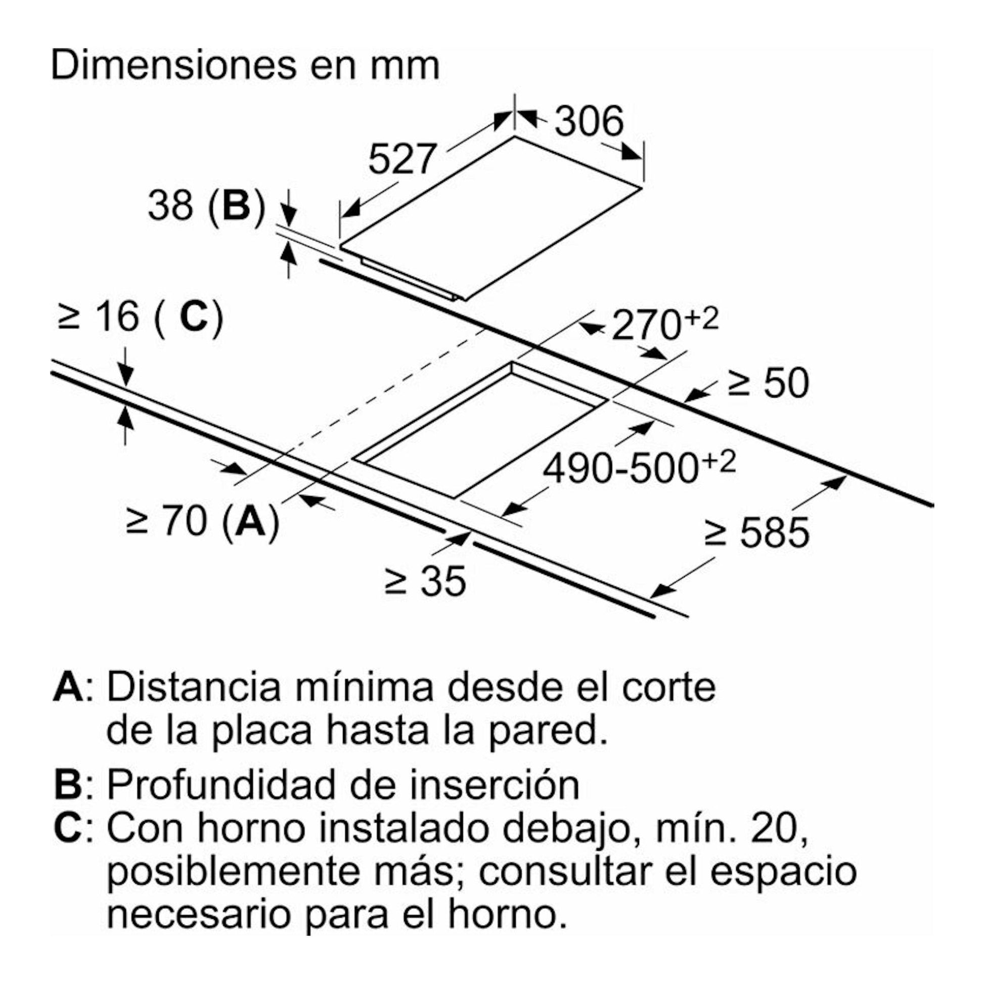 Diagrama técnico en blanco y negro de instalación de placa vitrocerámica Bosch PKF375FP2E, con medidas en mm.