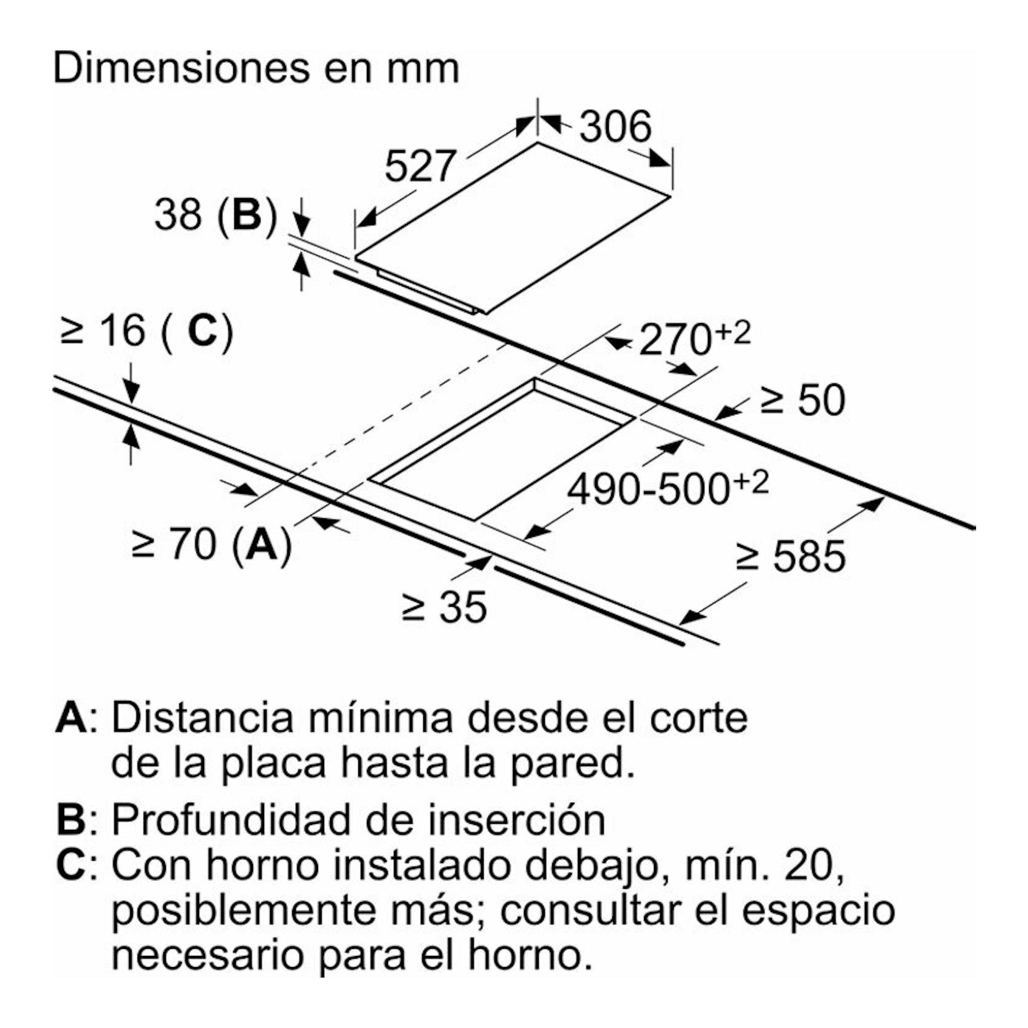 Diagrama técnico en blanco y negro de instalación de placa vitrocerámica Bosch PKF375FP2E, con medidas en mm.