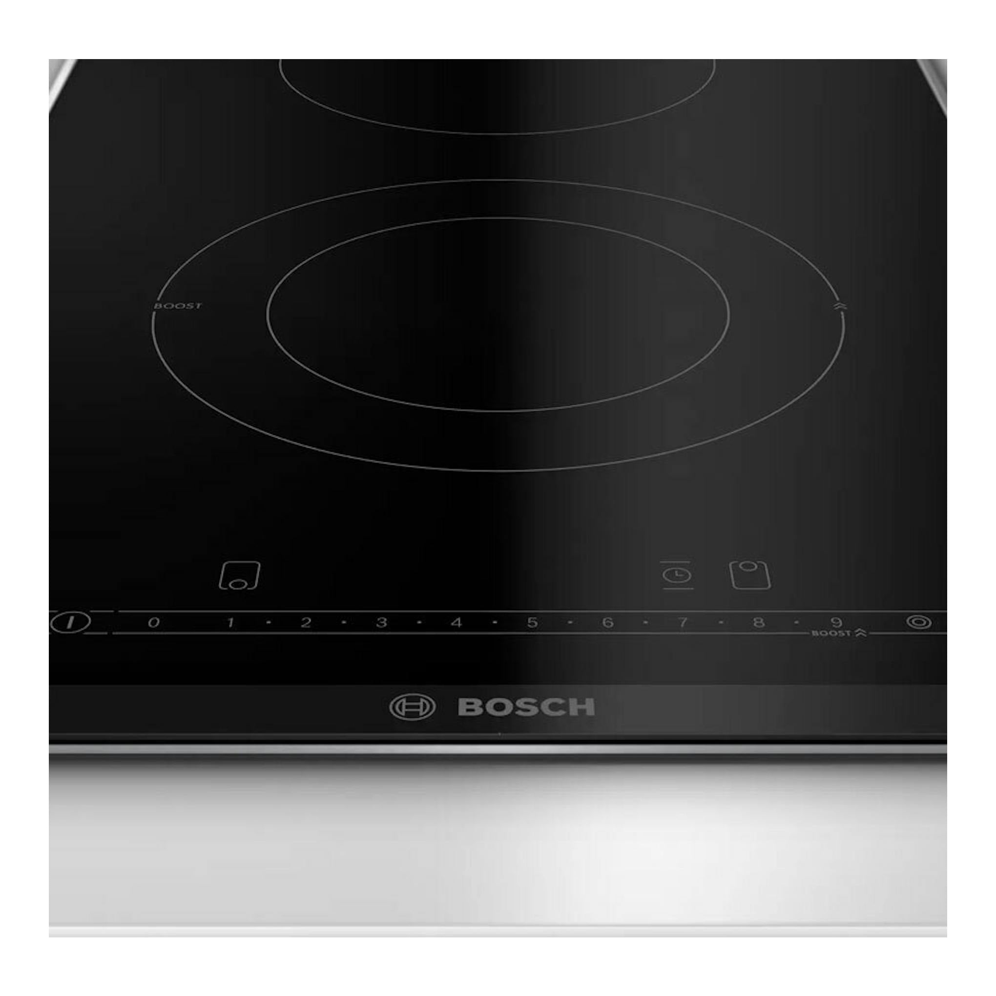 Placa vitrocerámica Bosch PKF375FP2E negra, vista frontal parcial con dos zonas circulares y control táctil.