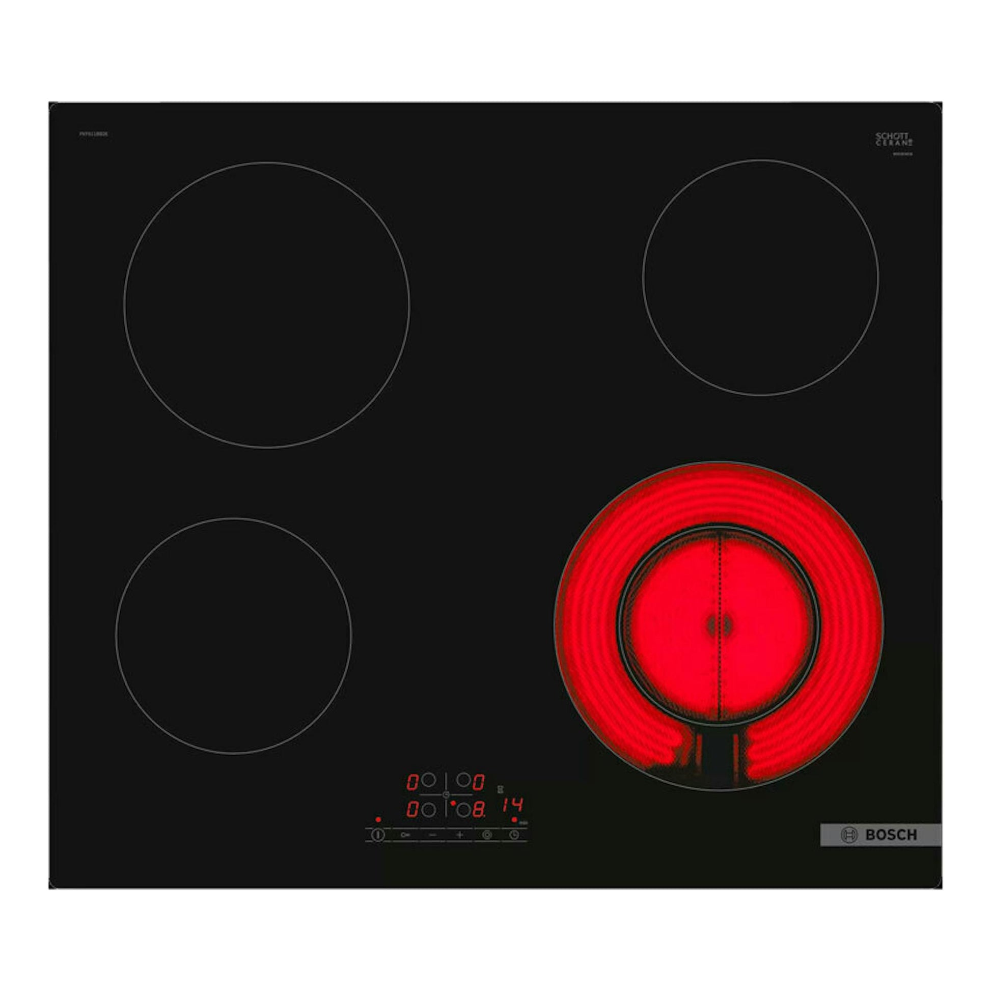 Placa vitrocerámica Bosch PKF611BB8E negra, vista superior, con cuatro zonas y una encendida en rojo.