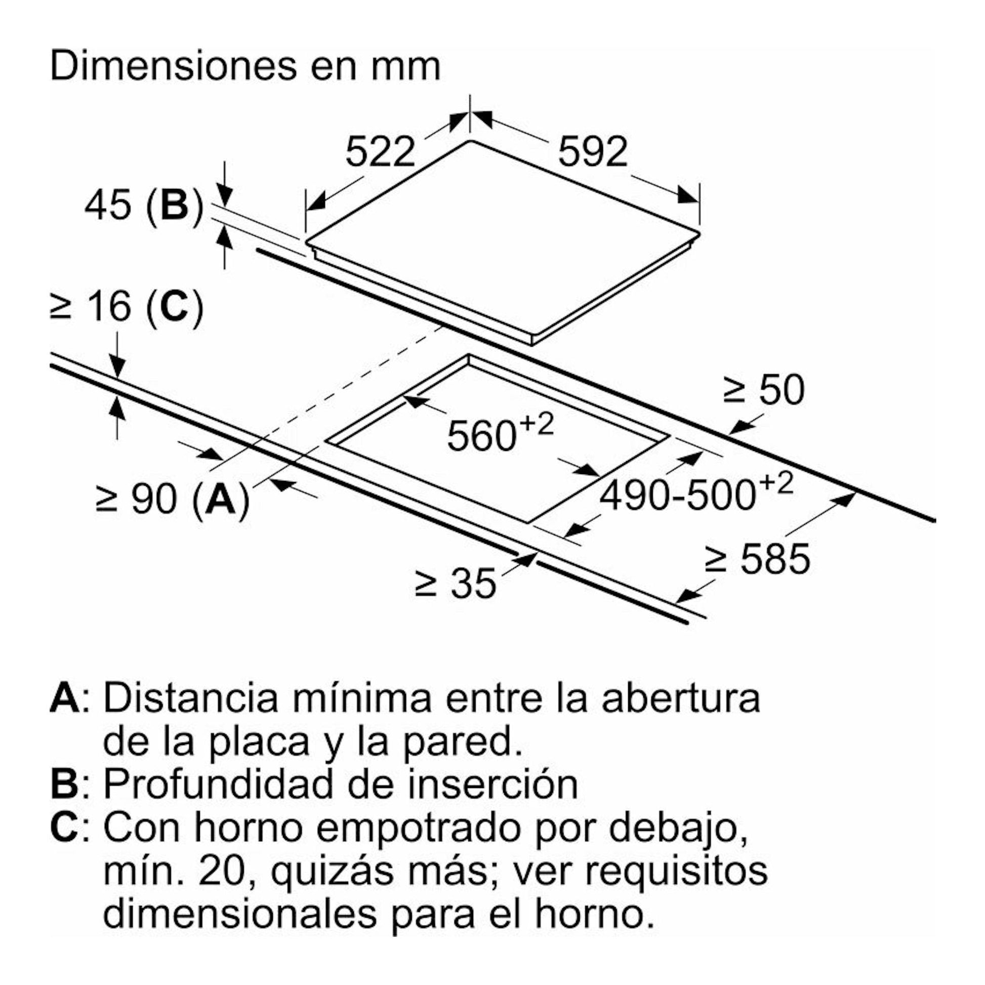 Bosch PKF611BB8E: diagrama de instalación de placa vitrocerámica en vista isométrica, con medidas en mm.